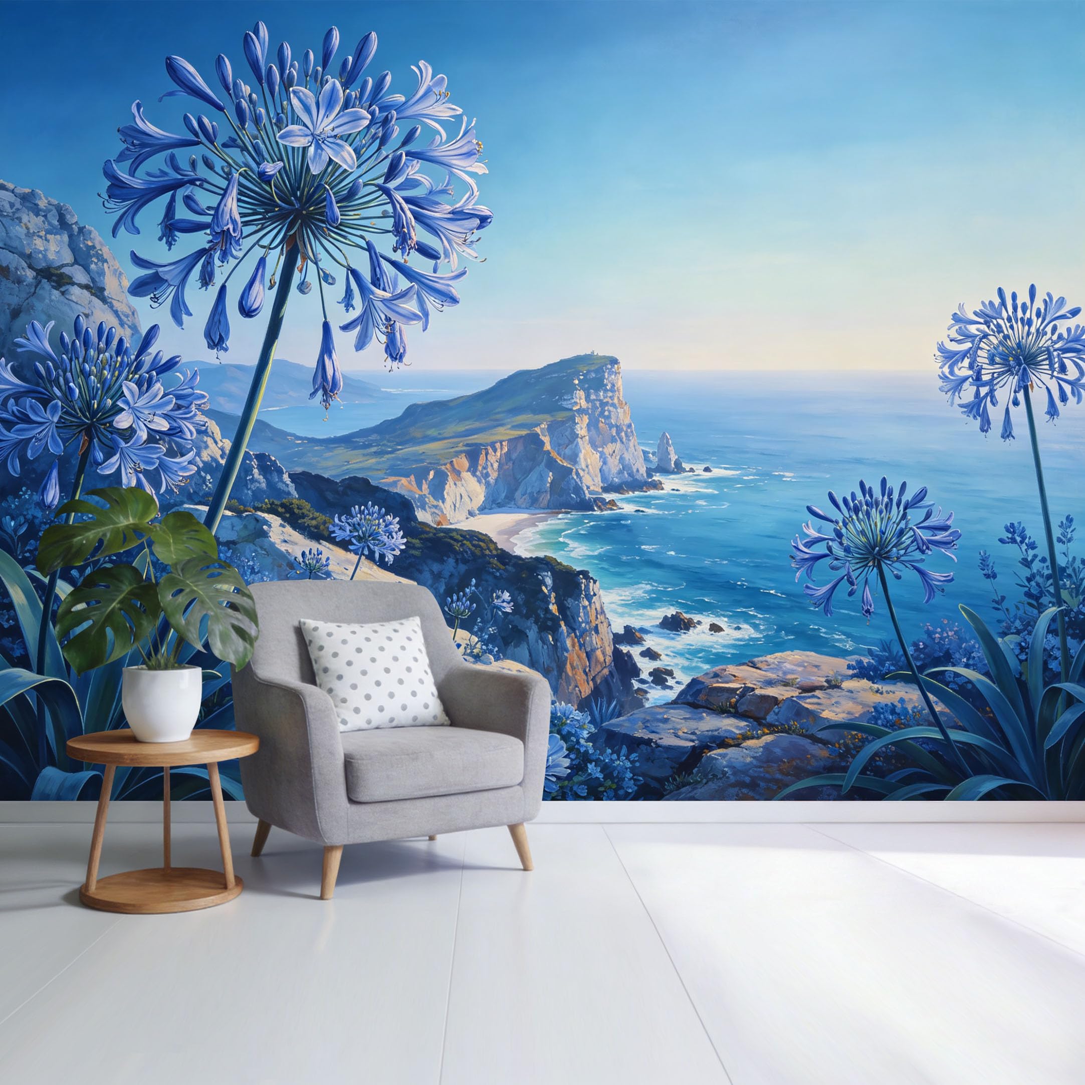Custom Size Wall Mural Coastal Cliff Ocean View Blue Agapanthus Flowers Landscape Watercolor Style SelfAdhesive Wall Fabric Removable Wallpaper for Home Office Decor