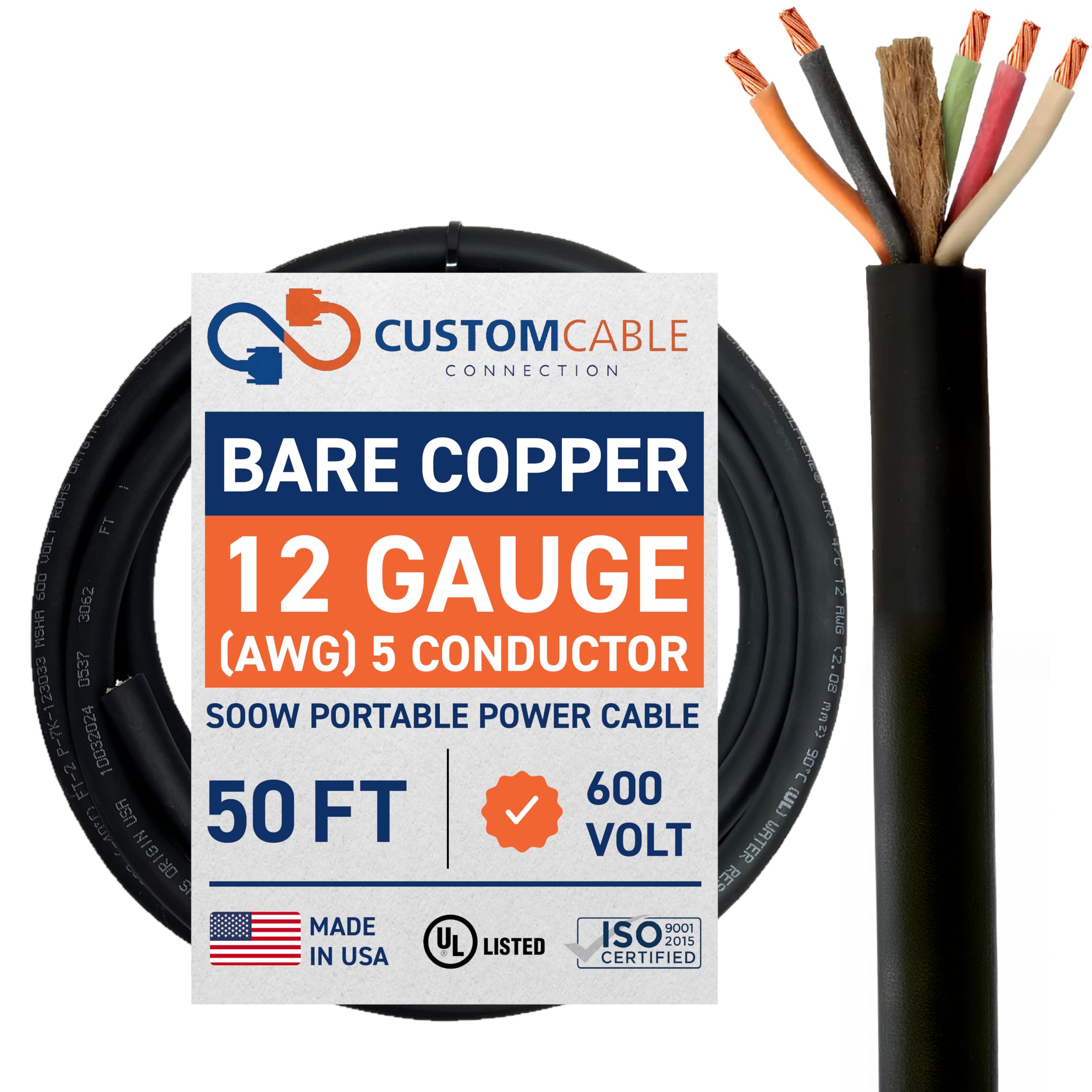 Custom Cable Connection 12/5 SOOW 12 AWG 5 Conductor 600 Volt Portable Power Cable - 50 Foot