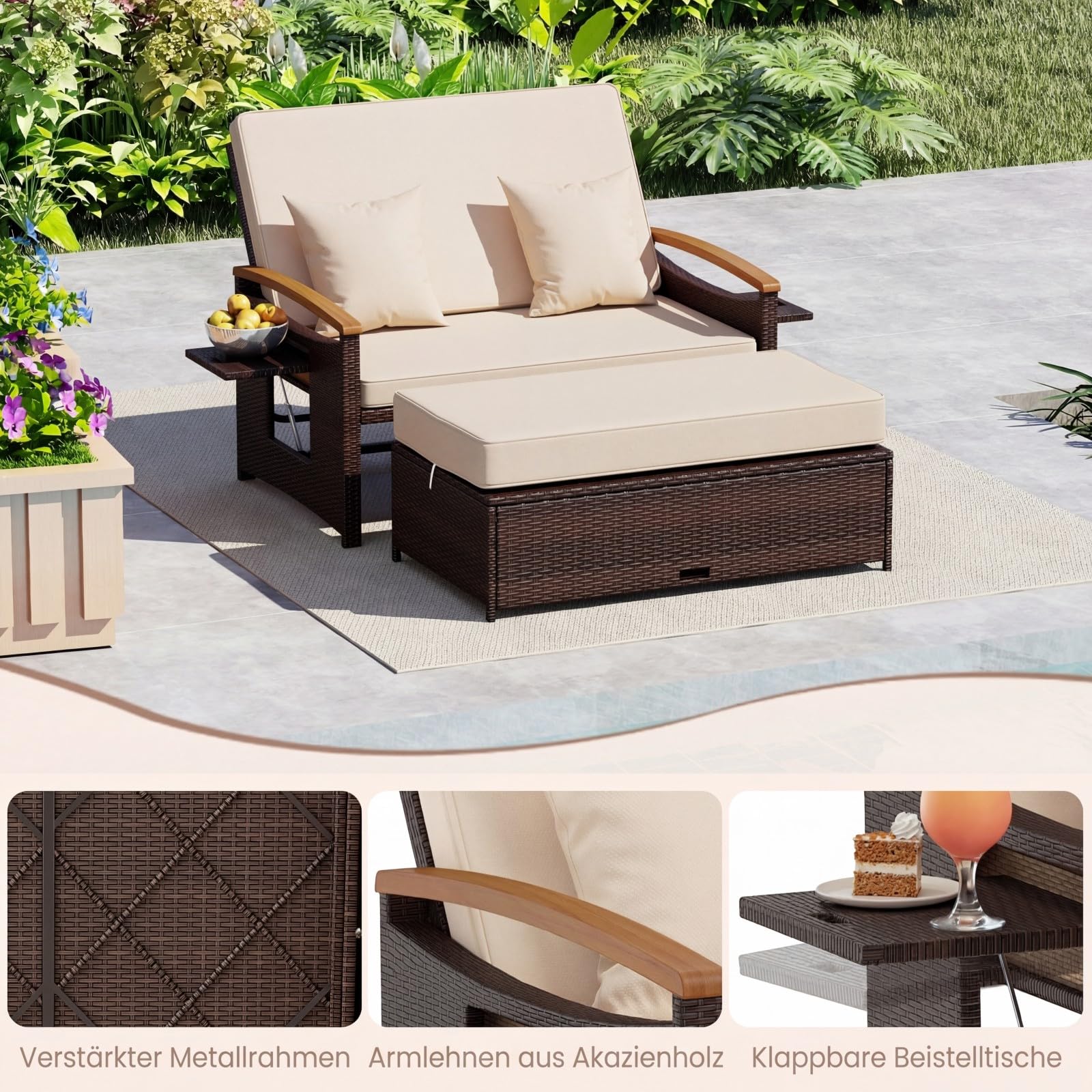 COSTWAY Rattan Lounge Sofa, Lounge Möbel Outdoor, Gartensofa mit Liegefunktion, 2-Sitzer Gartenlounge mit Kissen & Seitenablagen, Polyrattan Gartenmöbel, Balkon Möbel, Balkonmöbel Kleiner Balkon