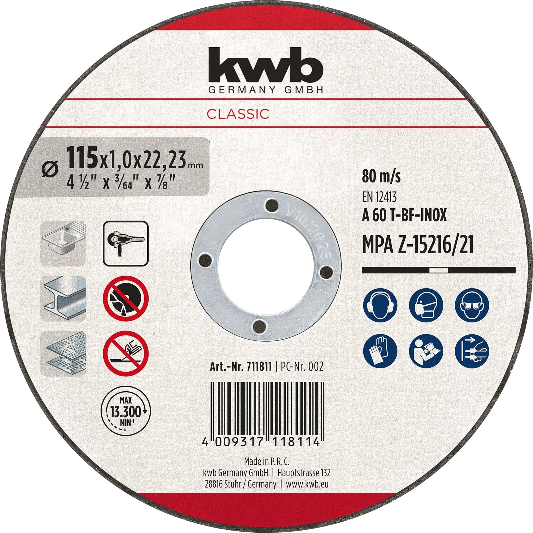 kwb Tarcza tnąca 115 mm x 1,0 mm (bardzo cienka, stal nierdzewna i stal, czyste i wysokiej jakości cięcia, maks. 80 m/s, mocowanie tarczy 22,23 mm)