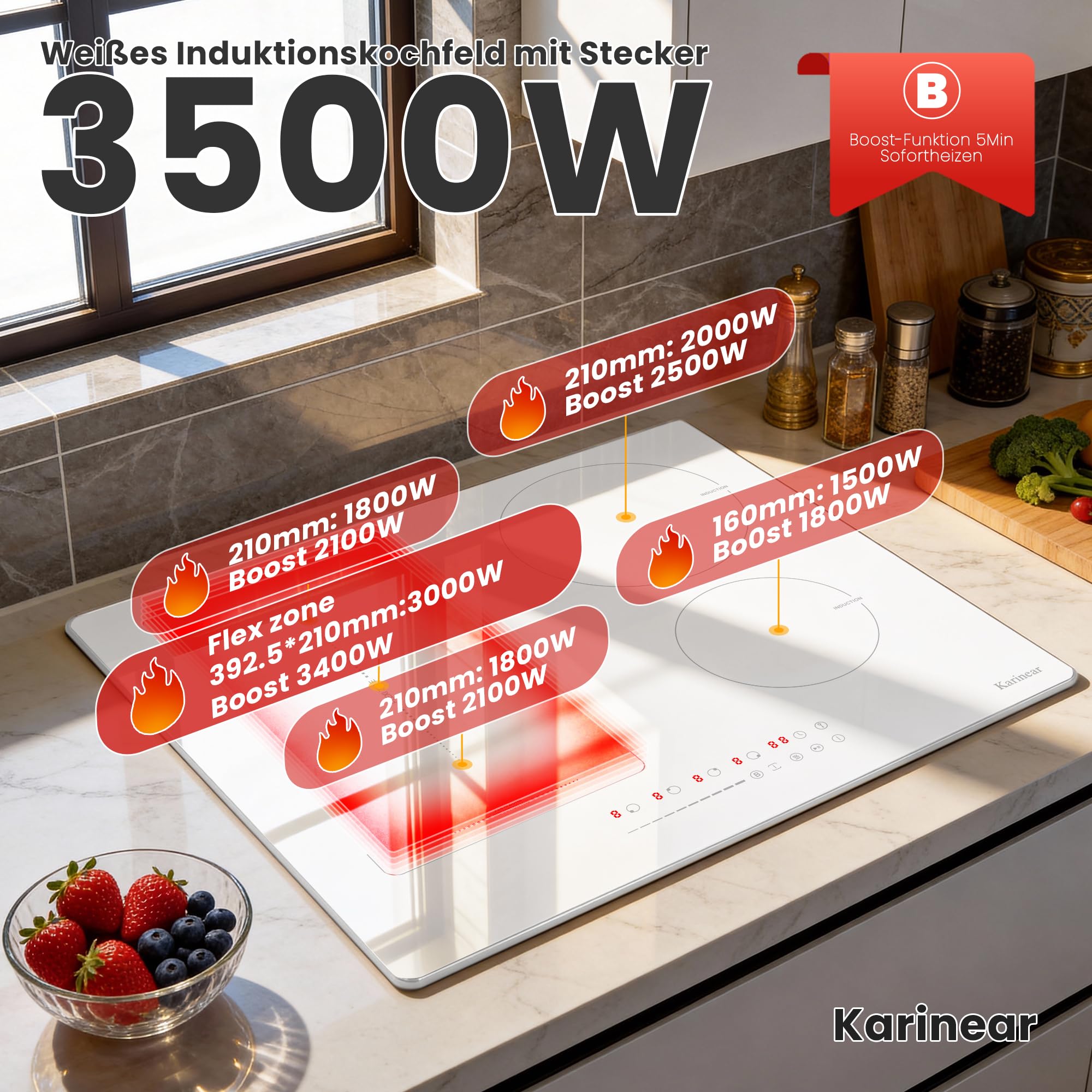 Karinear Piano Cottura Induzione 4 Fuochi, 60cm Piastra Induzione Elettrico con Flessible Zona, 3500W Piano Induzione con Spina, 9 Power Comandi Touch, Blocco di Sicurezza, Timer Lock, Booster, Bianco - 3