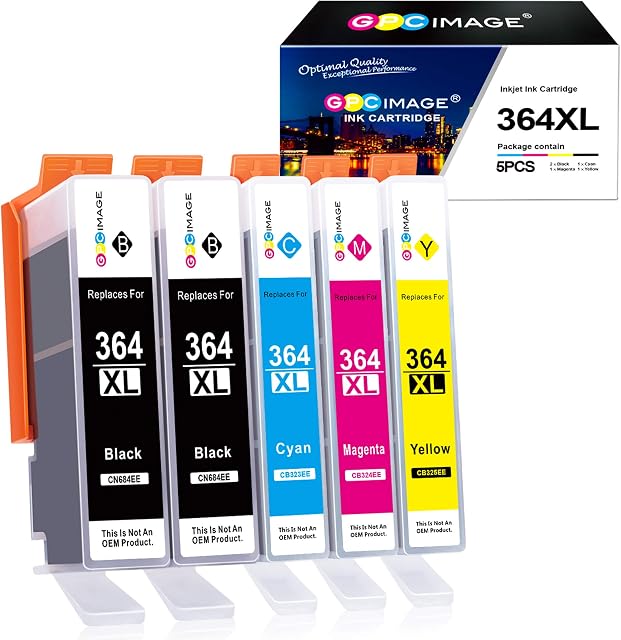 GPC Image Multipack Ink Cartridges Replacement for HP 364XL 364 Compatible with 5510 5520 5522 5524 6510 6520 B8550 C5388 C6380 7510 7520 4620 3070A 3520 (Black Cyan Magenta Yellow, 5-Pack)
