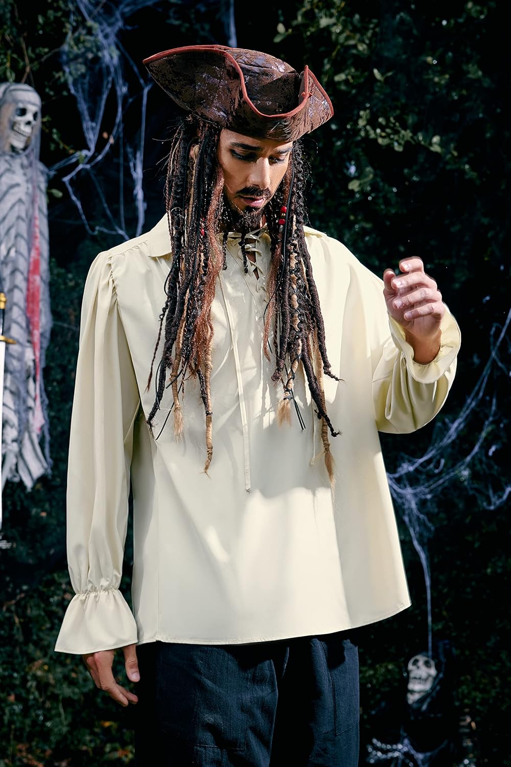 Mens Pirate Medieval Shirt Renaissance Costume Cosplay Victorian Gothic Tee Viking Vampire Tops - Image 3