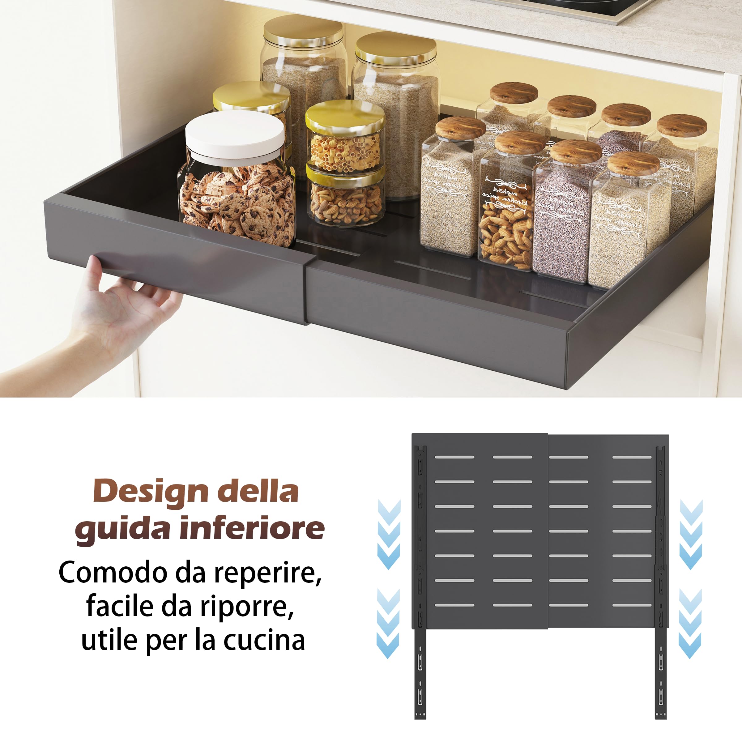 COVAODQ Cassetto Telescopico,Cassetto Scorrevole Estensibile Estraibile con pellicola adesiva,Vassoio Estraibile per Mobile Cucina,Set da 2 pezzi, Grigio