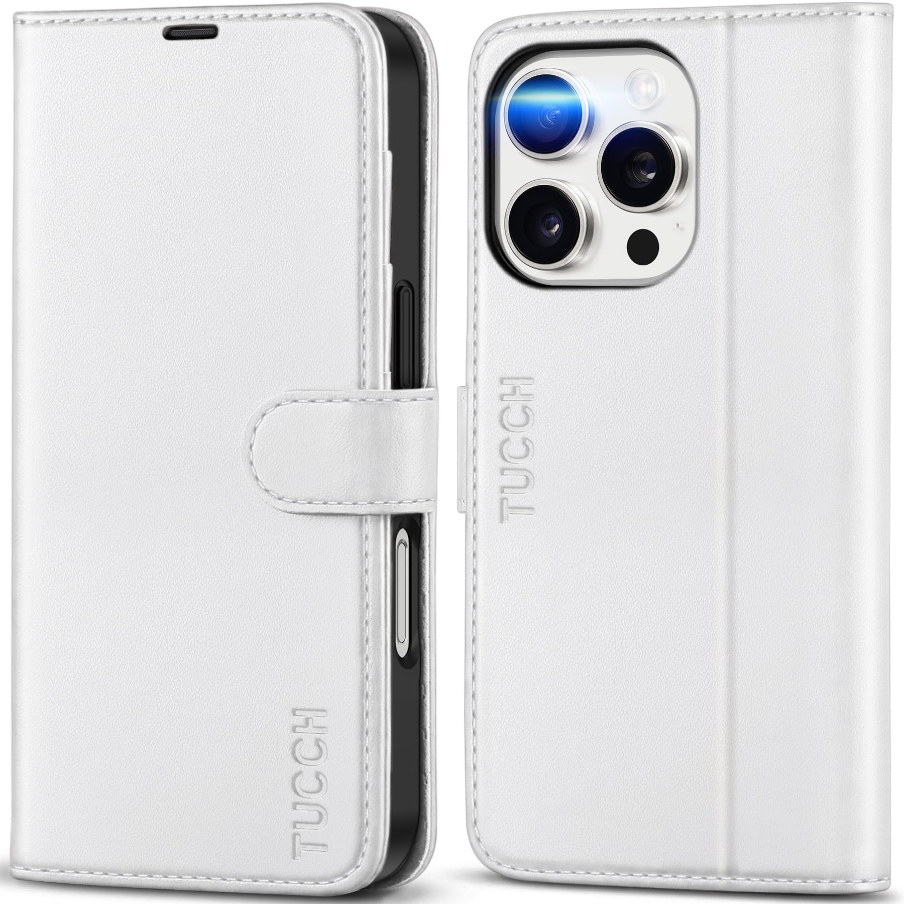 Coque iPhone 16 Pro Antichoc Étui Portefeuille RFID Protection Cuir Blanc