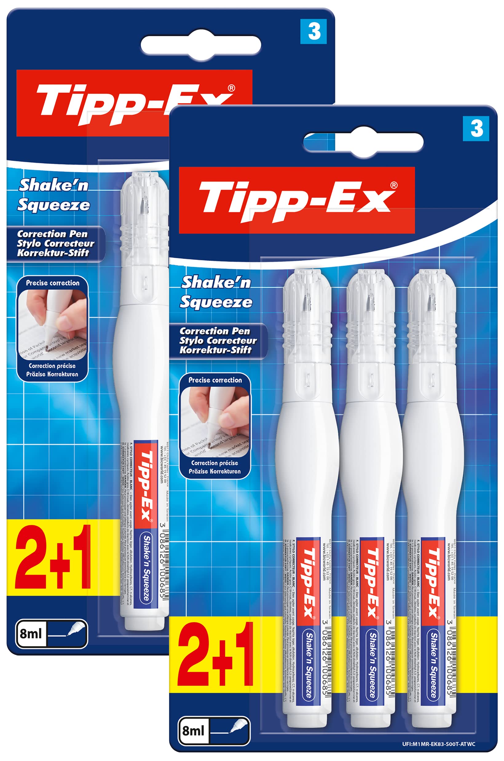 Tipp-Ex Shake and Squeeze Correction Pen 8 ml Each Ideal for the Office, Home Office or School - 2 x Pack of 3