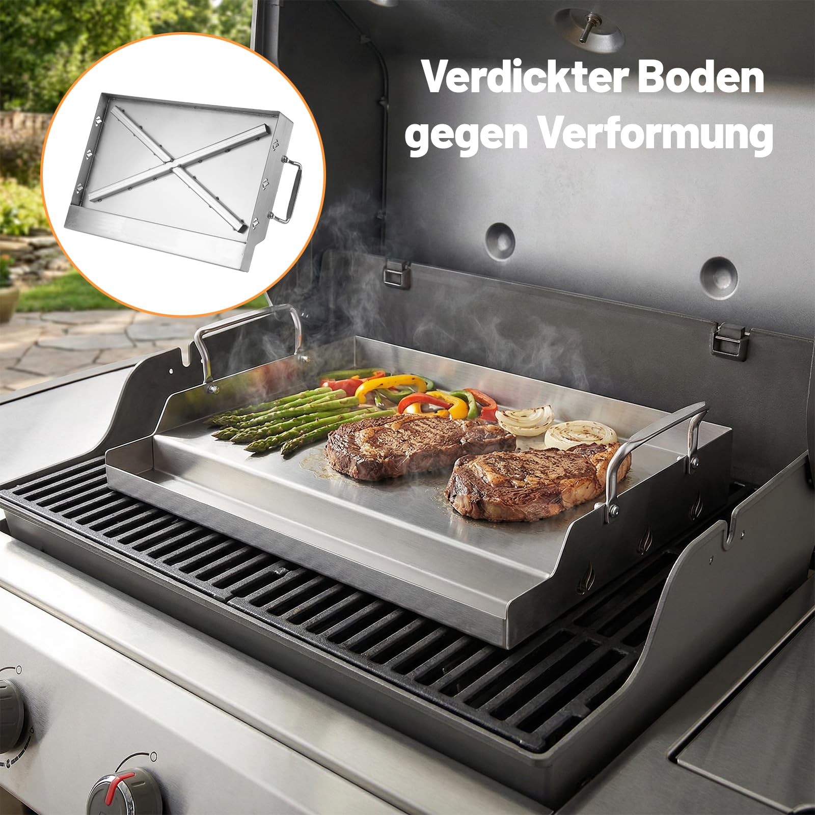 Griglia universale in acciaio inox per barbecue a gas Weber e carbone, piastre per barbecue a gas per hamburger, barbecue a gas e altro ancora, rettangolare, 46 x 32 cm, con manico rimovibile