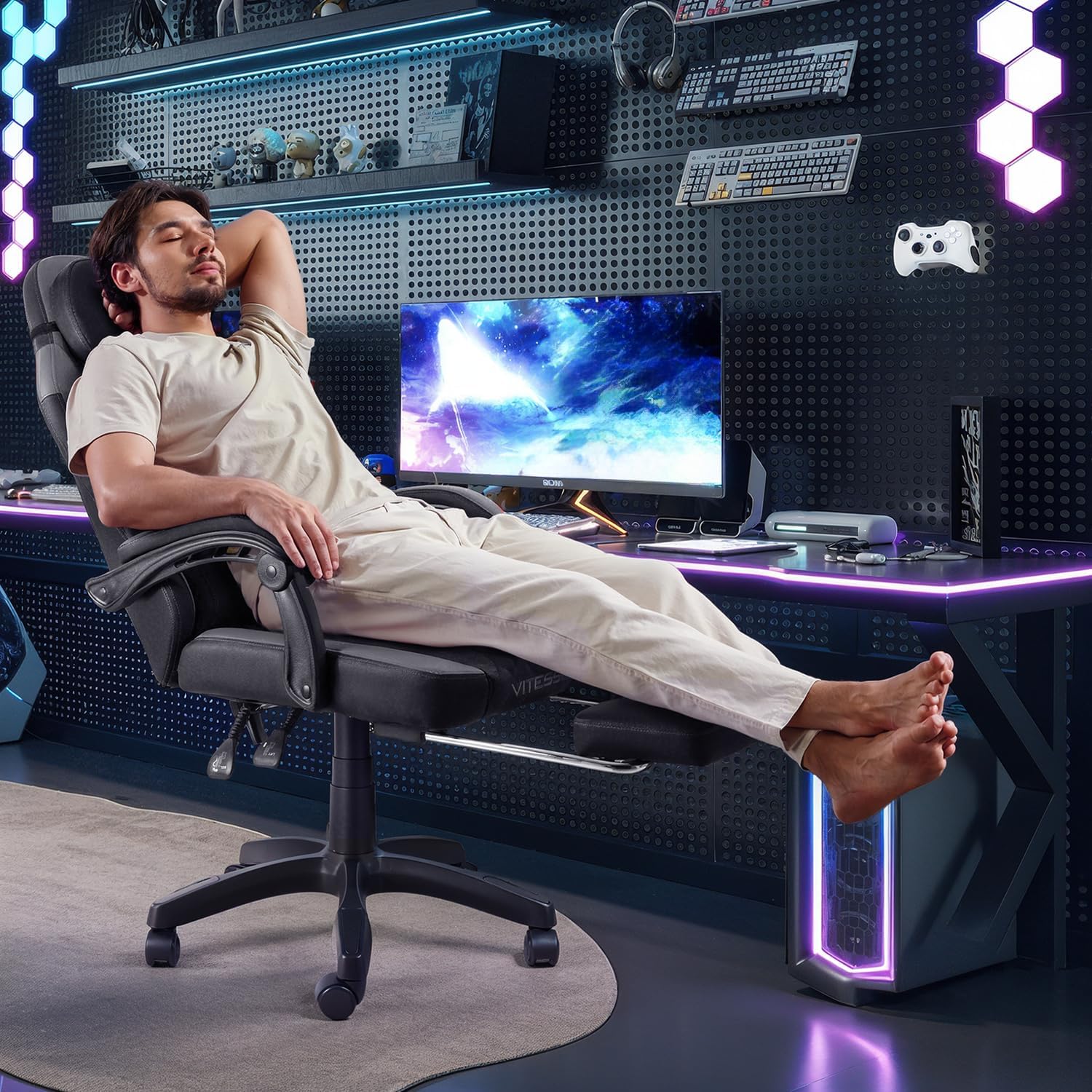 81REX0S9T3L._AC_SL1500_ VITESSE Ergonomic Gaming Chair for Adults, 400 lbs PC Computer Chair, Racing Office Chair, Silla Gamer Height Adjustable Swivel Chair with Lumbar Vibration Support and Headrest(Gray)