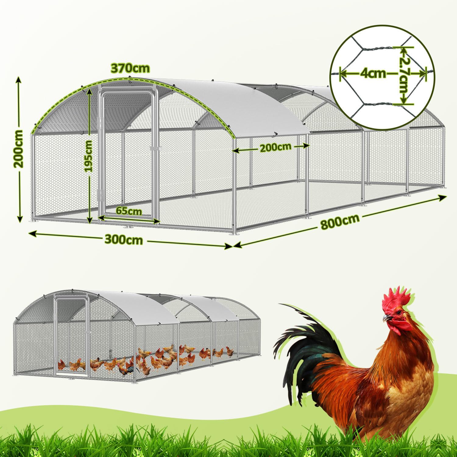 Gallinero de 3 x 8 x 2 m, recinto para gallinas, gallinas, acero galvanizado, para gallinas, caseta de conejo, cúpula, tejado, ganso, palomas y codornices, recinto de metal con red
