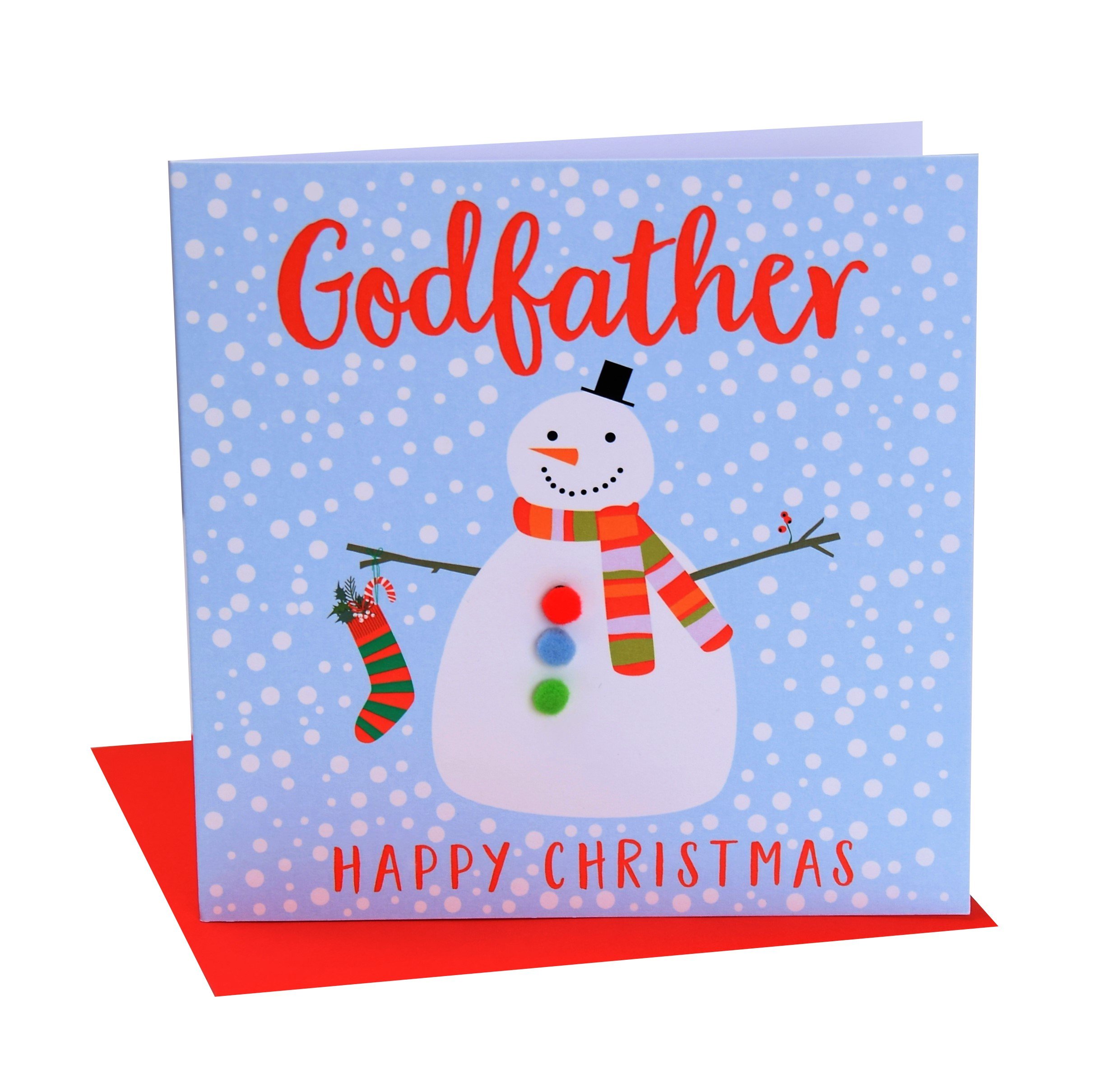 Claire Giles Greeting Cards, Happy Christmas Godfather Card, Snowman Design Xmas Greeting Card, Embellished with Colourful Pompoms
