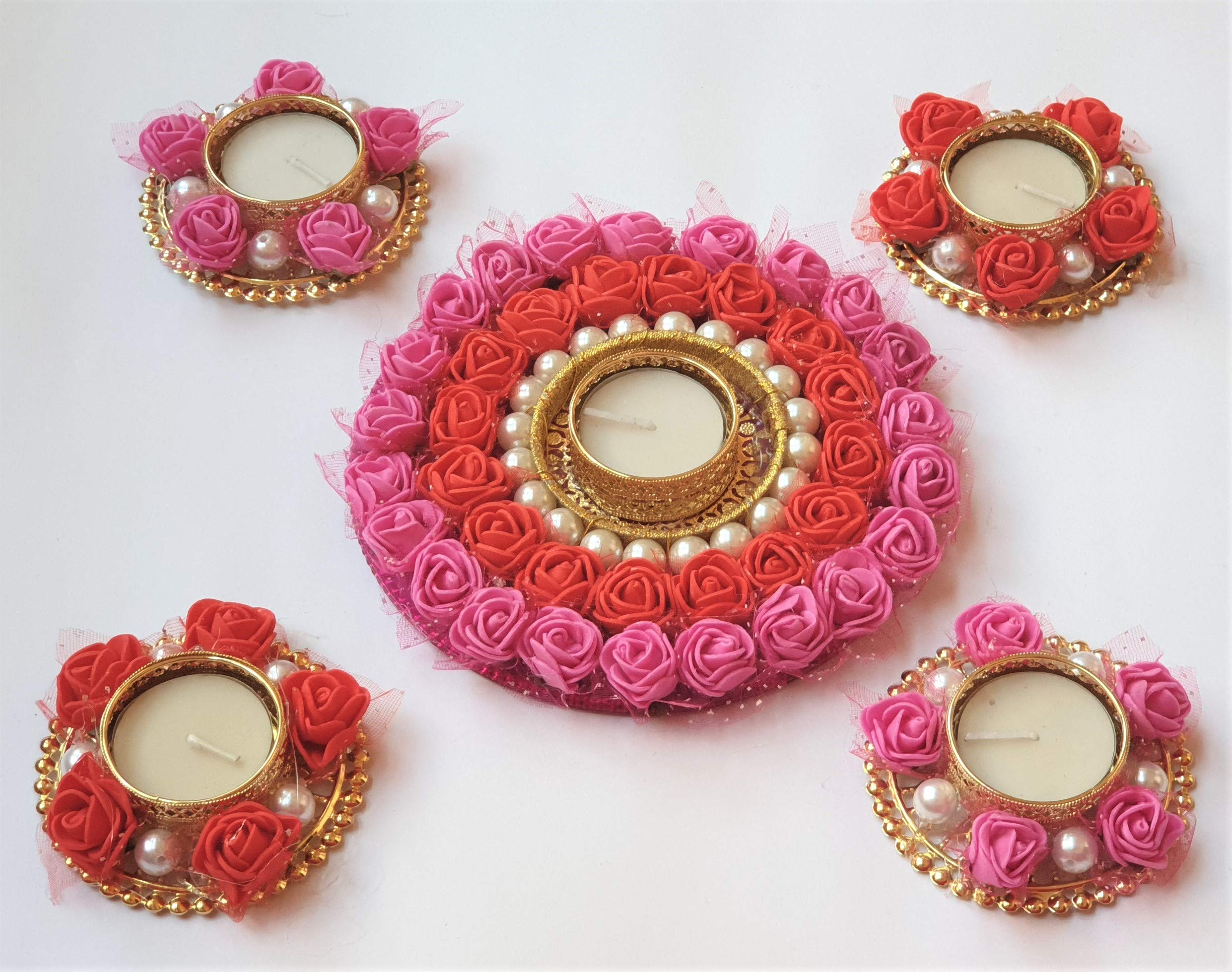 PRAHLL Artificial Flower Rose, Pearls Diya tealight Rangoli Floating/Non Floating Festive Decor (Set of 5 Holder & 5 Candles Diyas - Centre 6 inch - 1pc, Small - 3 inch - 4pc) (Pink RED, Acrylic)