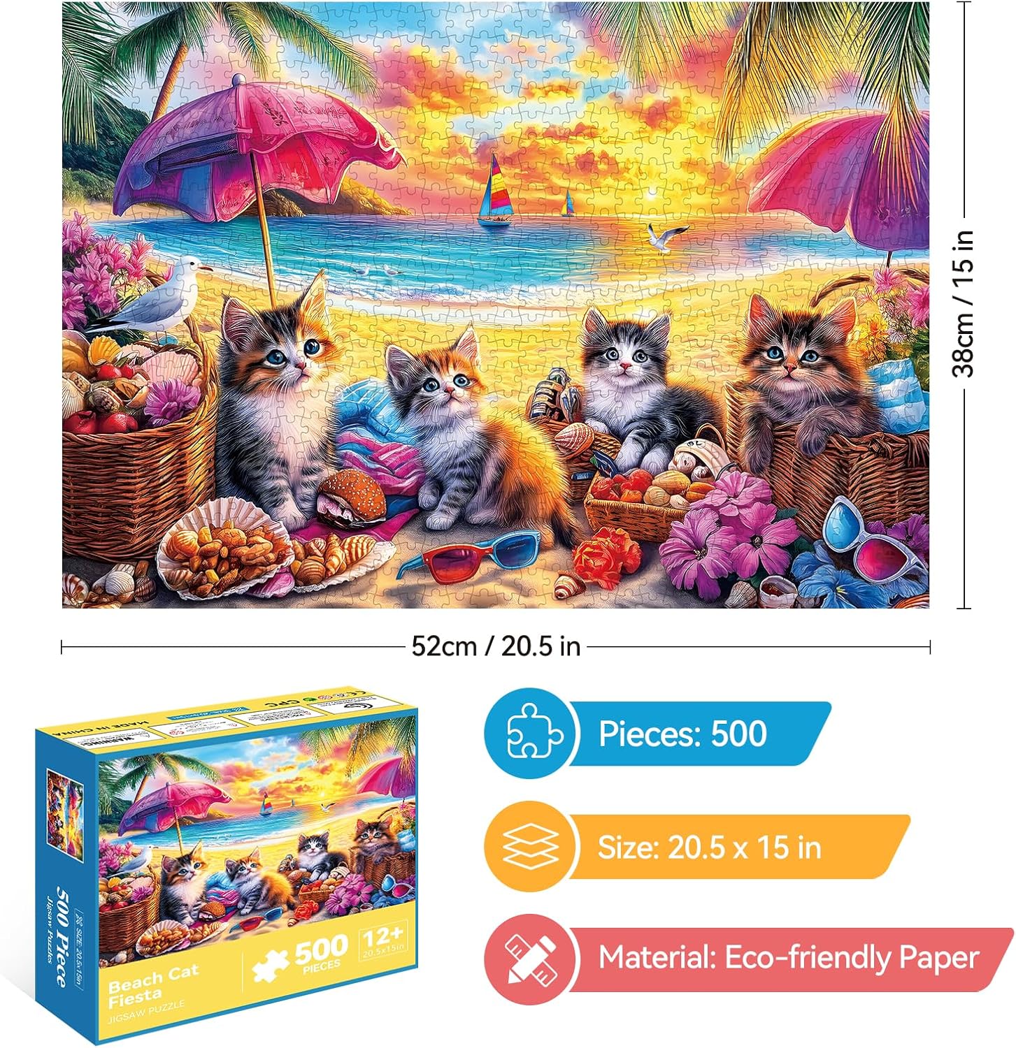 500 Piece Jigsaw Puzzle for Adults –Summer Beach Cats Jigsaw Puzzles 500 Pieces, Cat Lovers Puzzles for Adults 500 Pieces, Challenging Perfect for Game Nights, 20.5 X 15 in