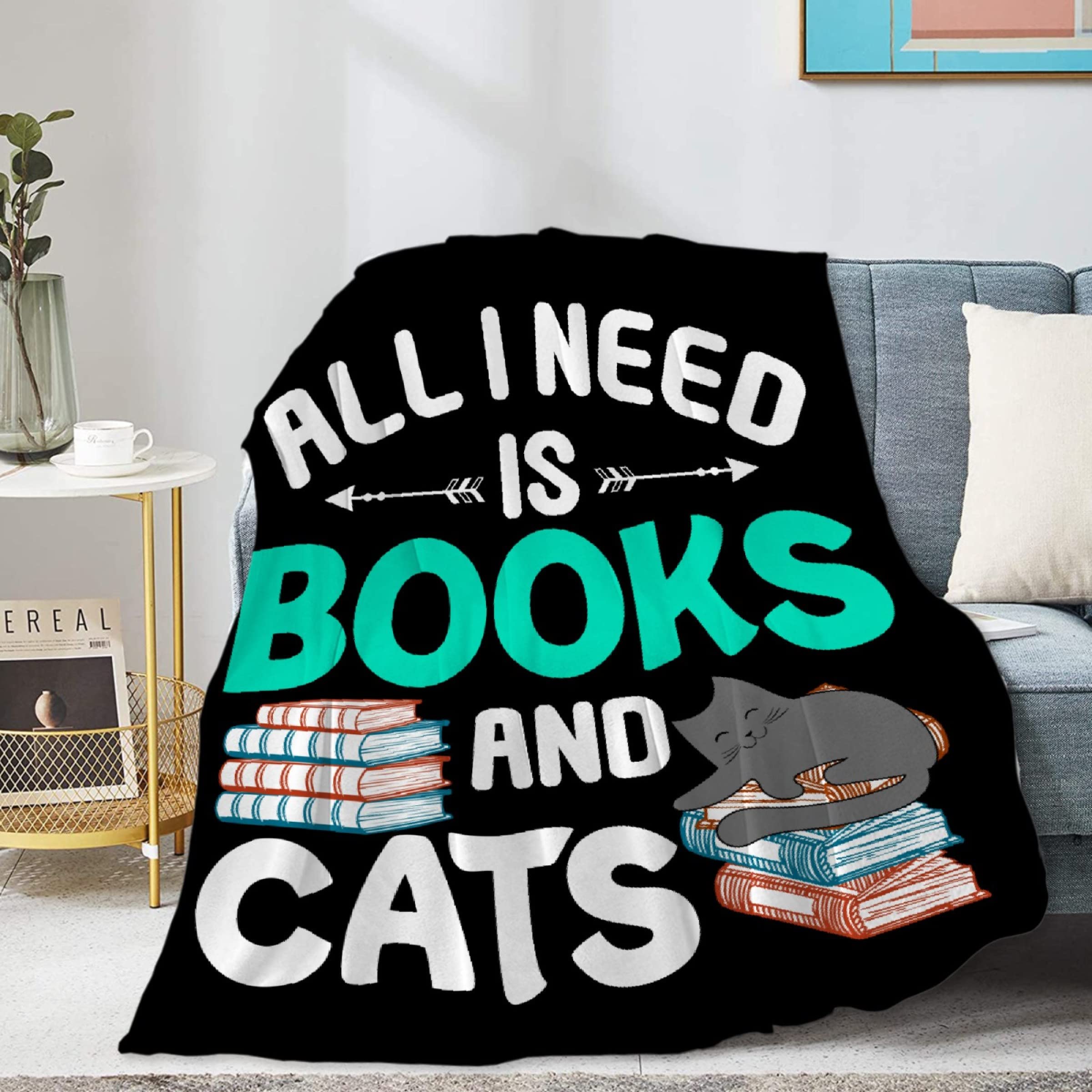 Homiehug All I Need is Books & Cats Soft Blanket Flannel Cozy Fuzzy Cute Animal Throws for Nap Bed Couch Home Decor Tapestries Child Plush Gifts All-Seasons 30