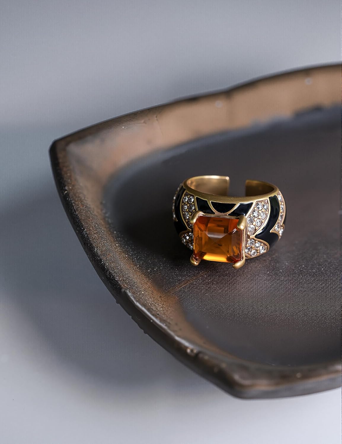 Vintage Gold Plated Yellow Citrine Cocktail Ring Retro Crystal Antique Statement Jewelry for Women Size 8 - Image 4