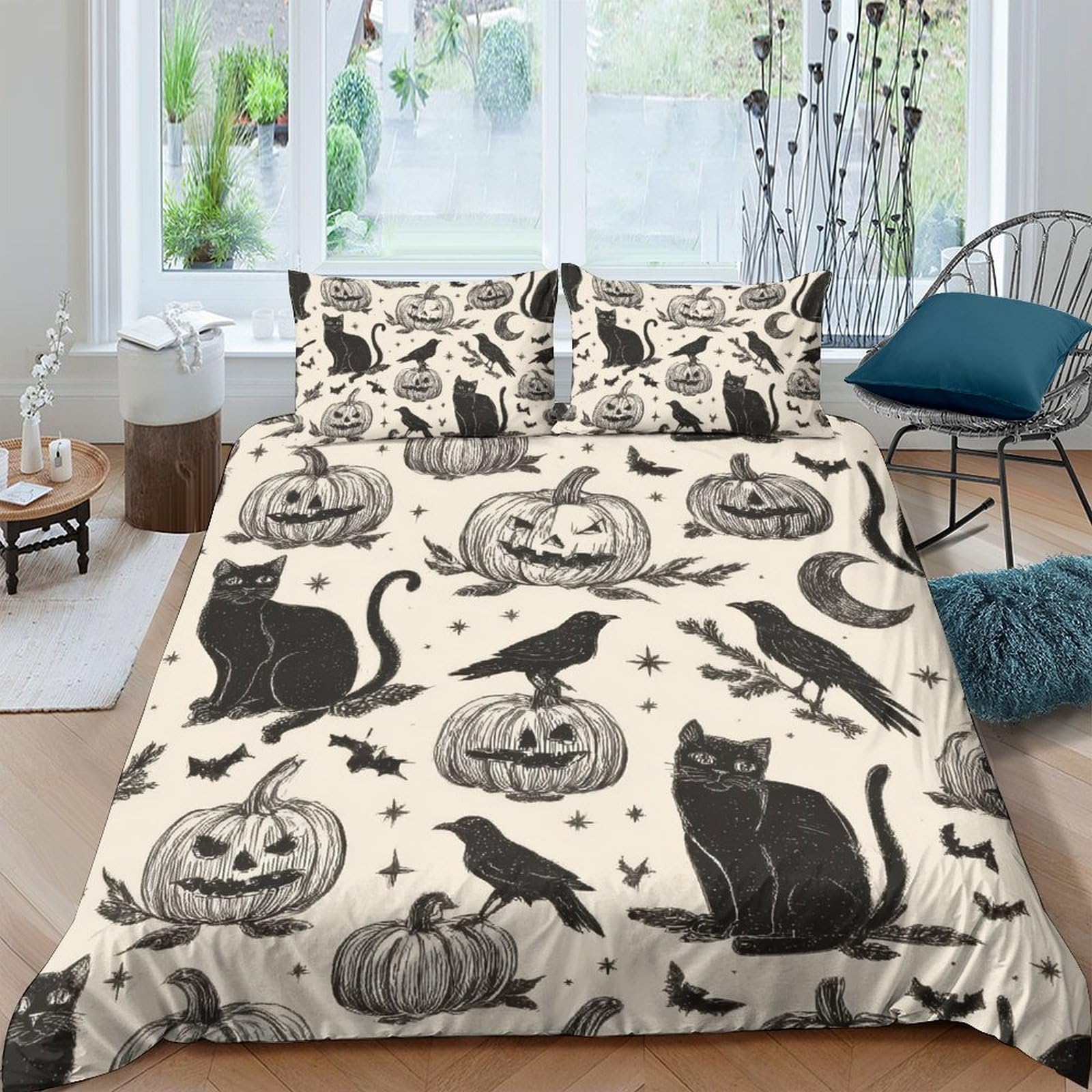 P5V6M1Q9 3D Printed Halloween Cat Pumpkin Duvet Cover Microfiber Soft Breathable Crow Bat Bedding Set with 2 Pillowcases for Bedroom Decor Single（135x200cm）