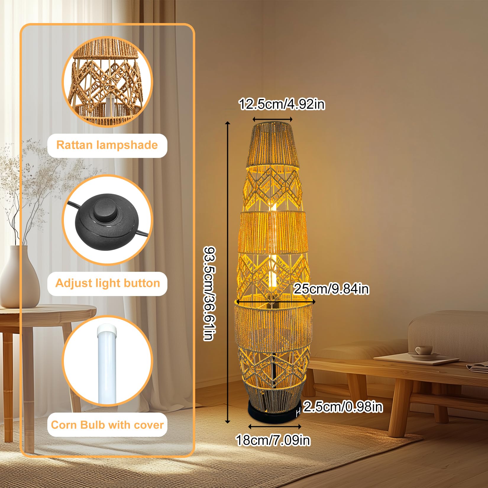 Stehleuchte Handgewebte Rattan Stehlampe 93.5 cm: Boho Standleuchte mit Schirm und Fußschalter, 3 wählbare Farbtemperaturen, Für Wohnzimmer, Esszimmer und Schlafzimmer