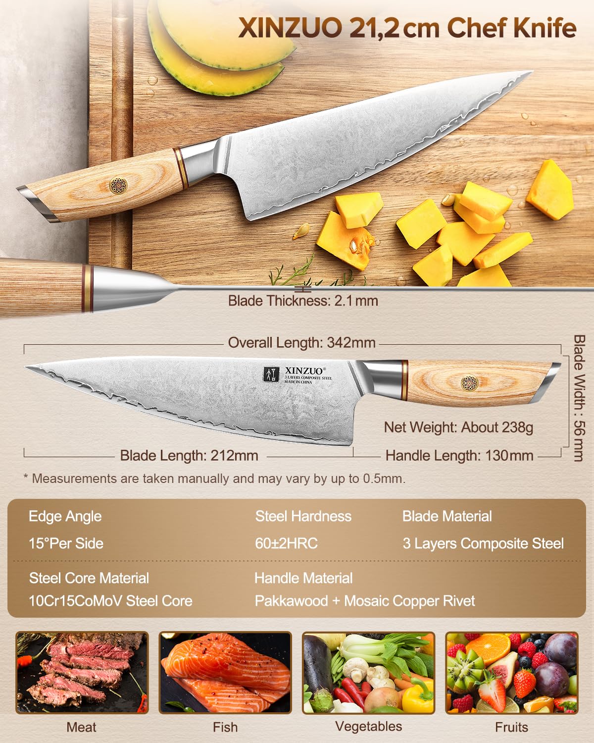XINZUO Cuchillo de Chef y de Cocinero Profesional 21.2cm - Cuchillo Gyuto Afilado de Cocina 10Cr15CoMoV de Acero Compuesto de 3 Capas - Mango de Madera Pakka