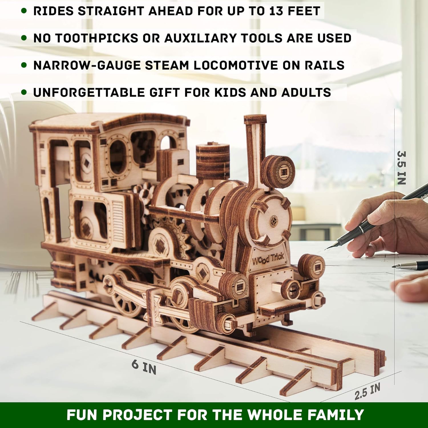 Wood Trick Train 3D Wooden Puzzle for Adults and Kids to Build - 6x4″ - Locomotive Model Kit for Adults and Kids