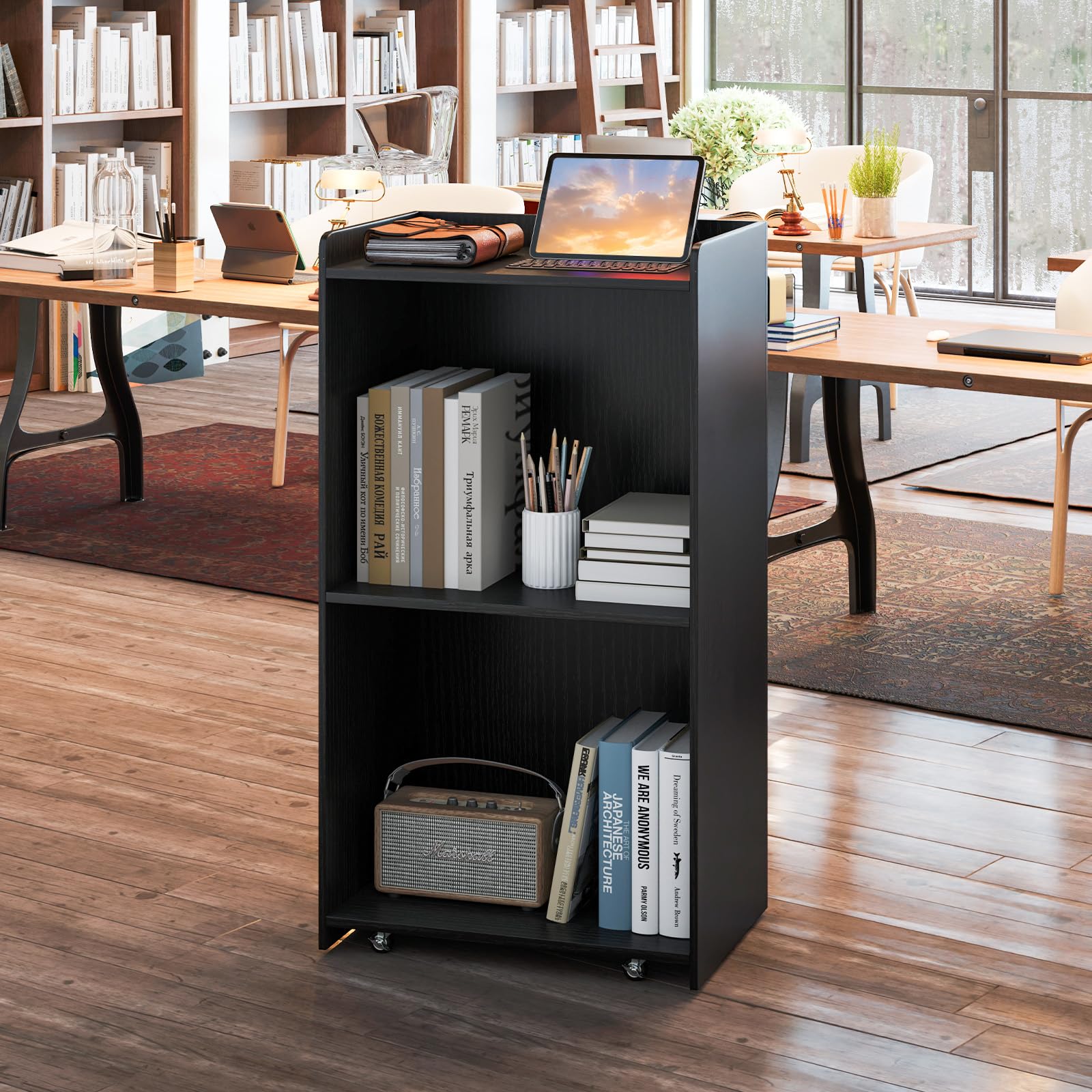 GIANTEX Podio - Leggio mobile con ruote bloccabili, supporto per podio in legno, per sala riunioni, scuola e chiese, 57,5 x 37 x 105 cm (nero)