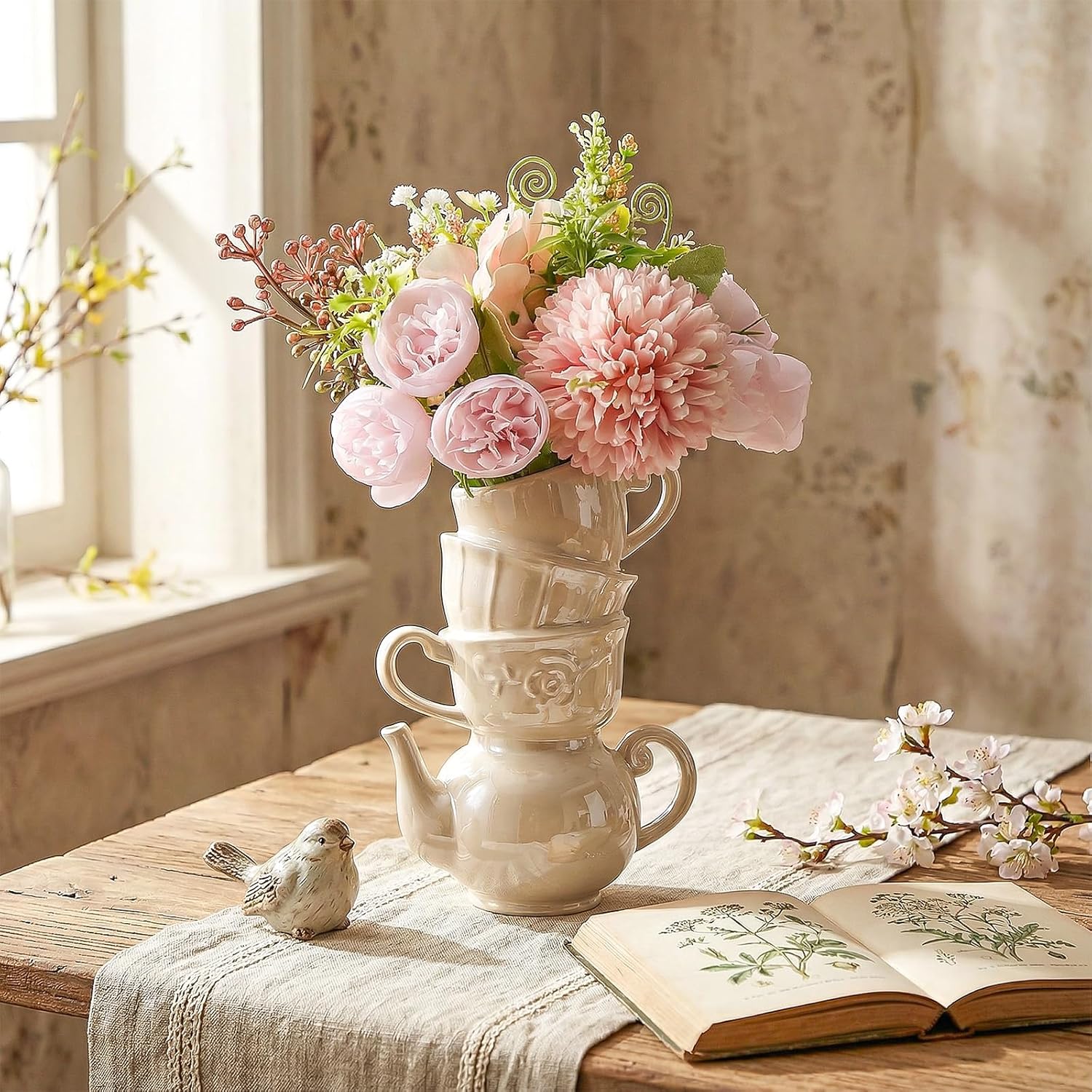 Tioncy Mini Pearlescent Teacup Bud Vase 6" Wonderland Tea Party Decorations Antique Vintage Kitchen Decor Whimsy Ceramic Vase Tea Party Favor for Wedding Gift Birthday Bridal Showers Home