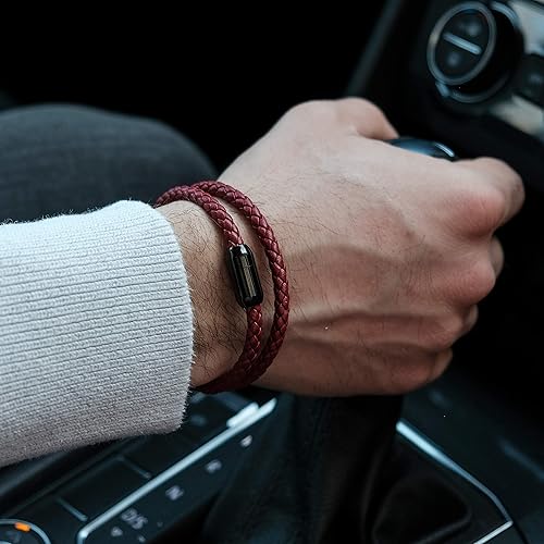 Miniatura 5 de Pulsera de cuero trenzada con cierre magnético de acero inoxidable para hombre, pulsera de cuero auténtico con cierre magnético