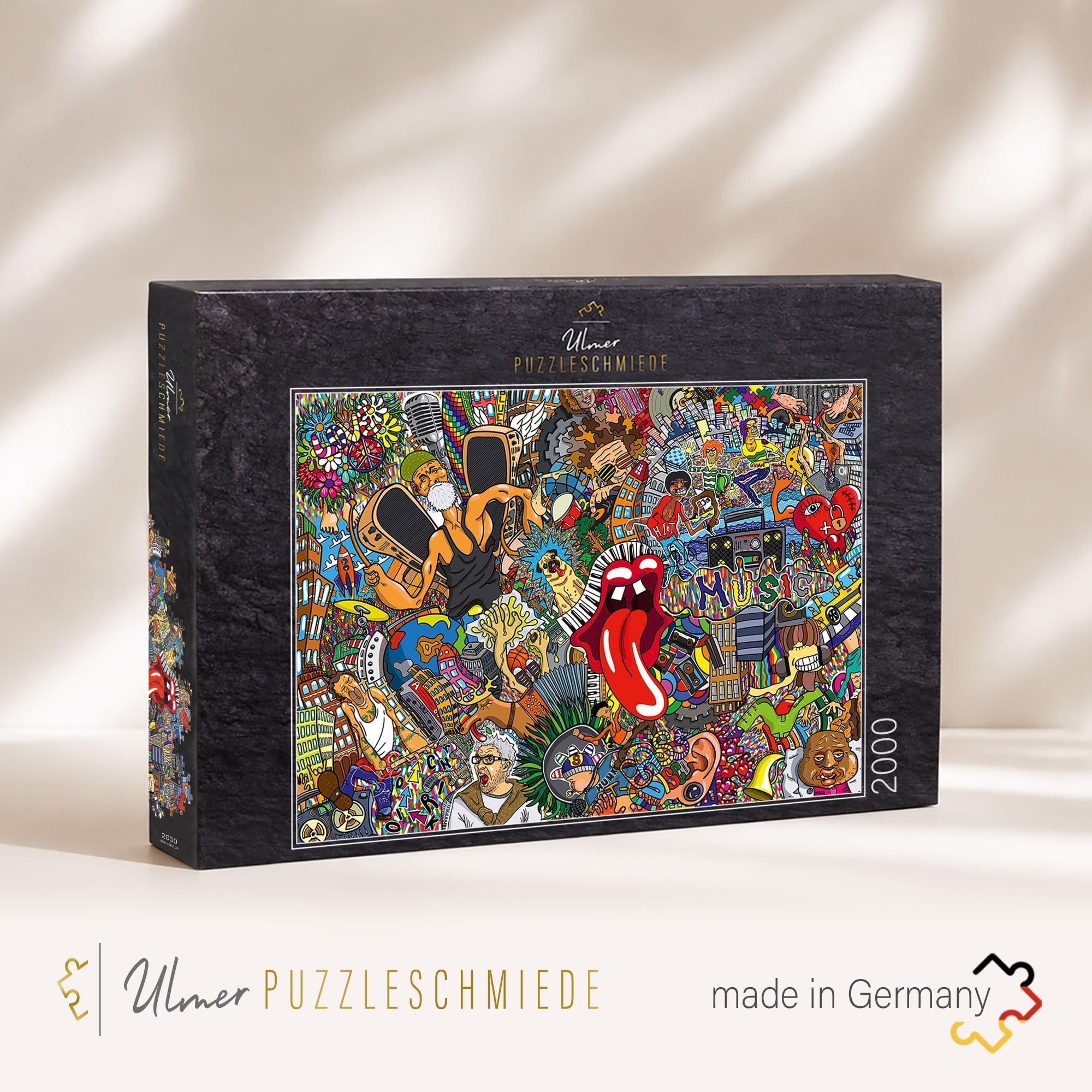 Ulmer Puzzleschmiede - Puzzle "Graffiti & Music" – kolorowe puzzle artystyczne 2000 elementów – street art graffiti z kolorowymi elementami obrazowymi wokół muzyki, hip-hopu i stylu na żywo