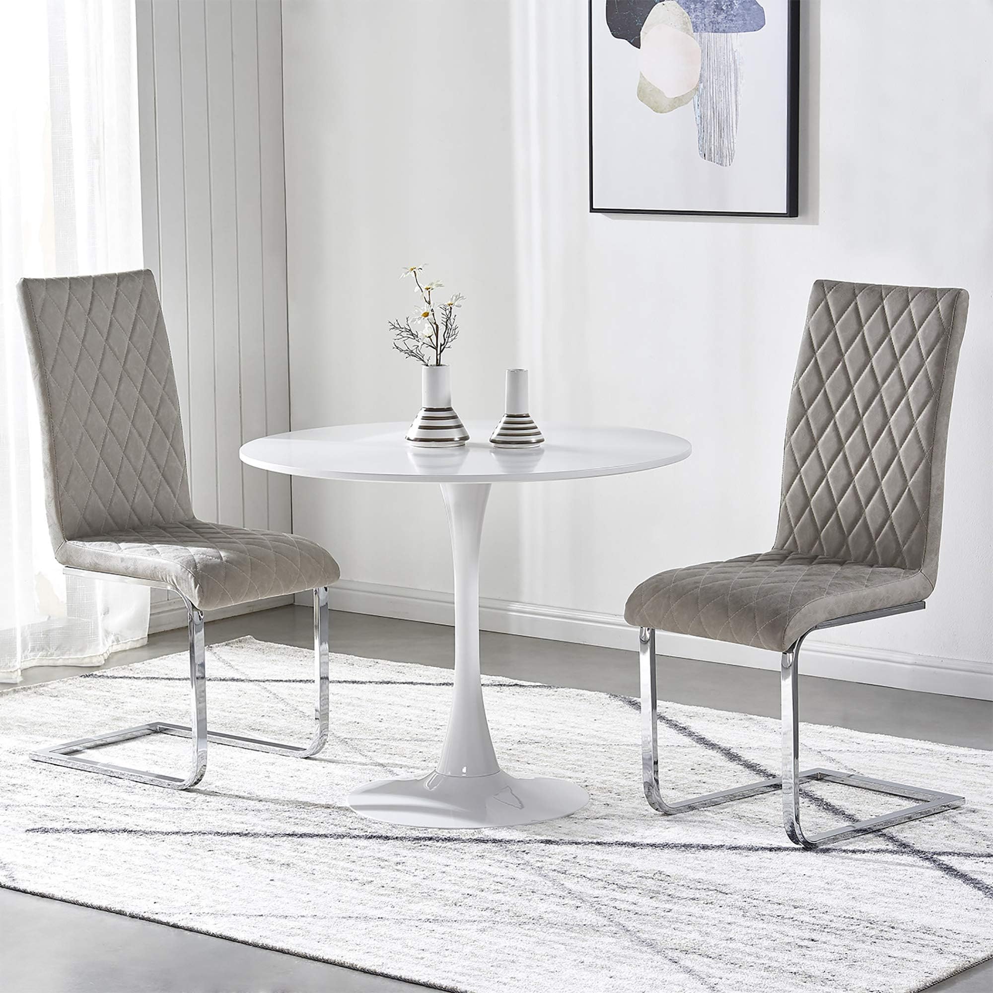 GIZZA Small Round Dining Table and Chairs Set 2 White 90cm Diameter MDF Wooden Top Metal Pedestal,Light Grey Distressed Faux Leather Dining Chairs with Chrome Leg,Space Saving for Kitchen Living Room