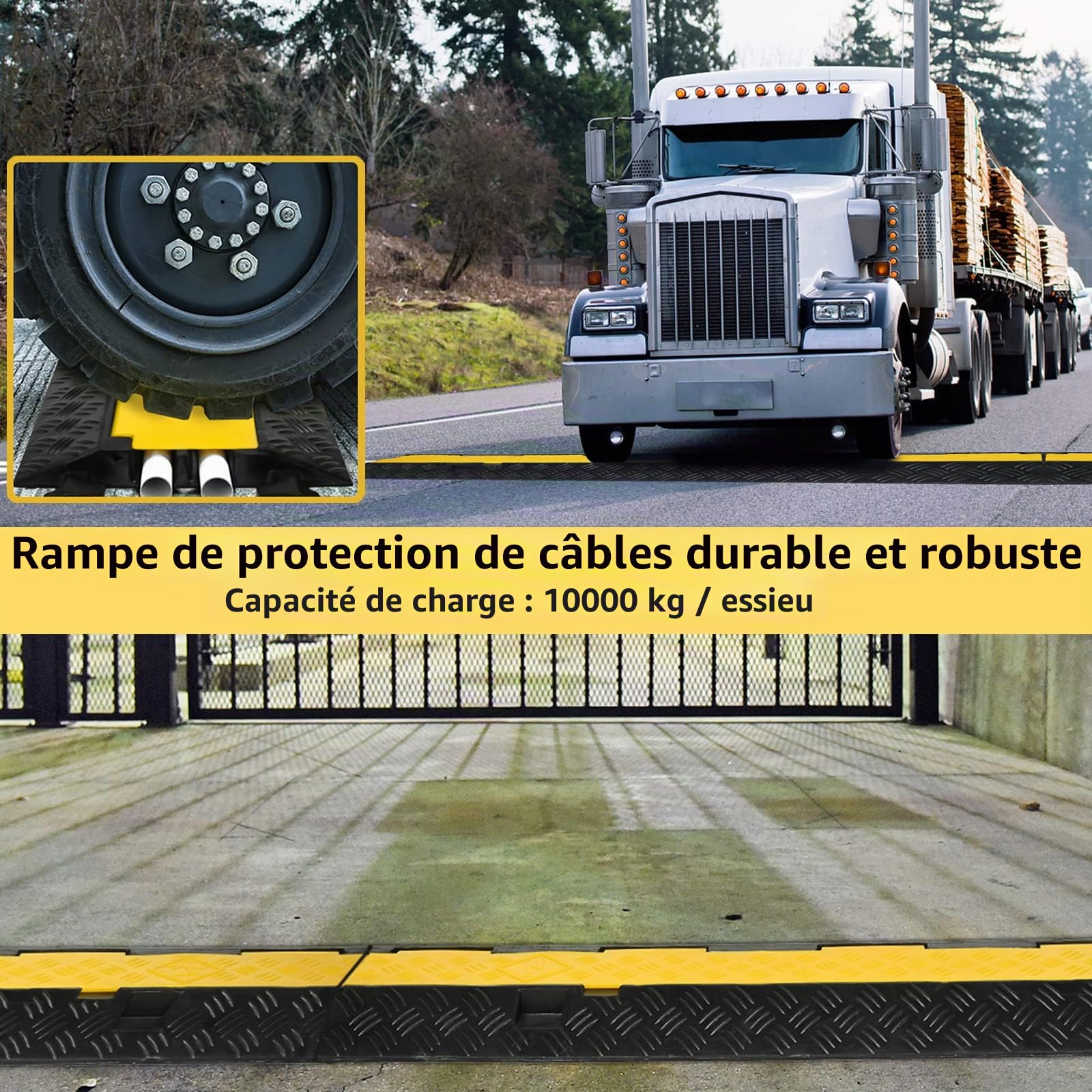XMTECH Lot de 2 Rampes de Protection de Câble en Caoutchouc - Capacité de Charge 10 000 kg, 2 Canaux, Noir-Jaune, Antidérapant - pour Parkings, Chantiers de Construction