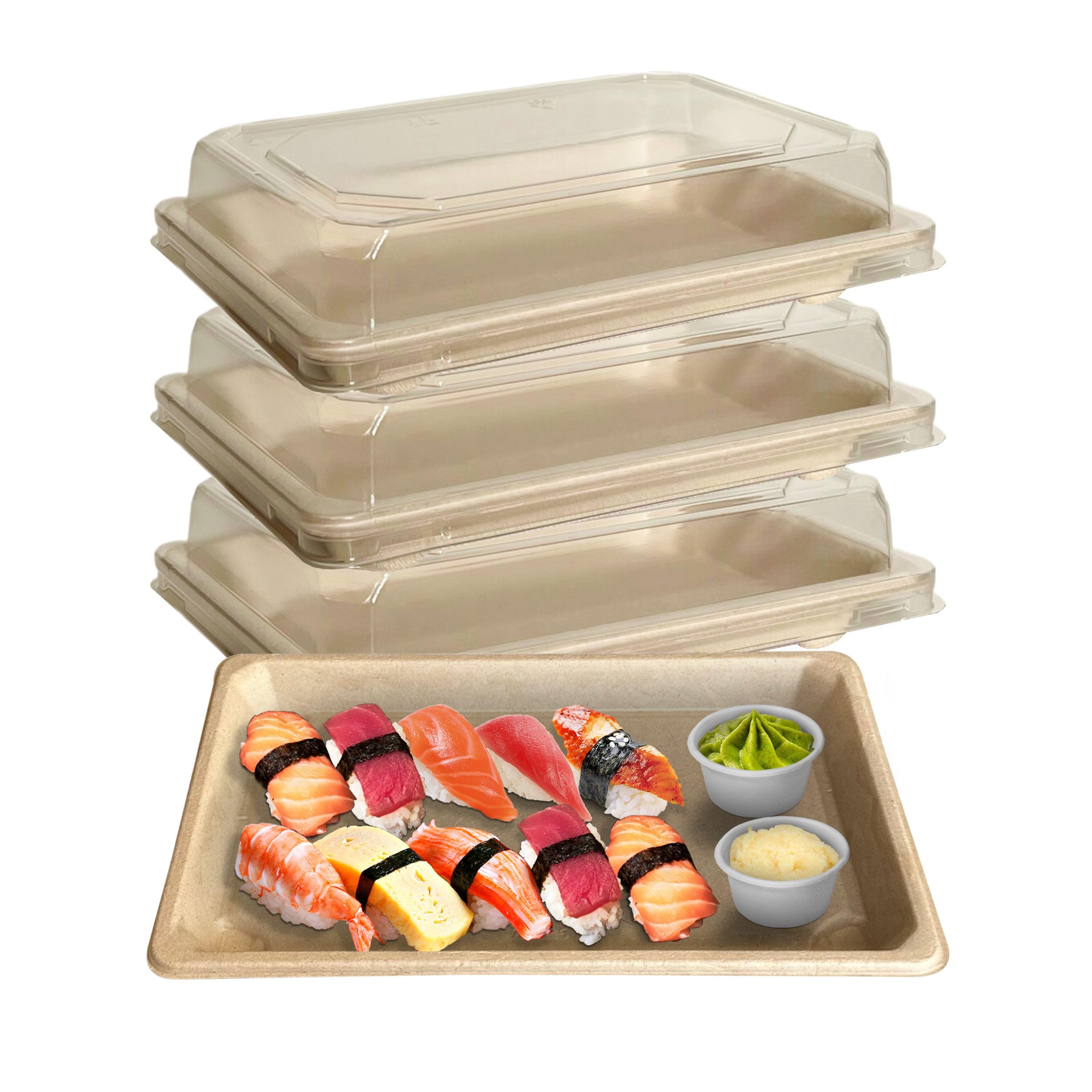 EcoQuality Medium Compostable Sushi Trays with Lids - Natural Sugarcane Bagasse Take Out Sushi Container - Biodegradable, Disposable Sushi Plate with Lid, Eco Friendly, To go, Serving Tray (25)