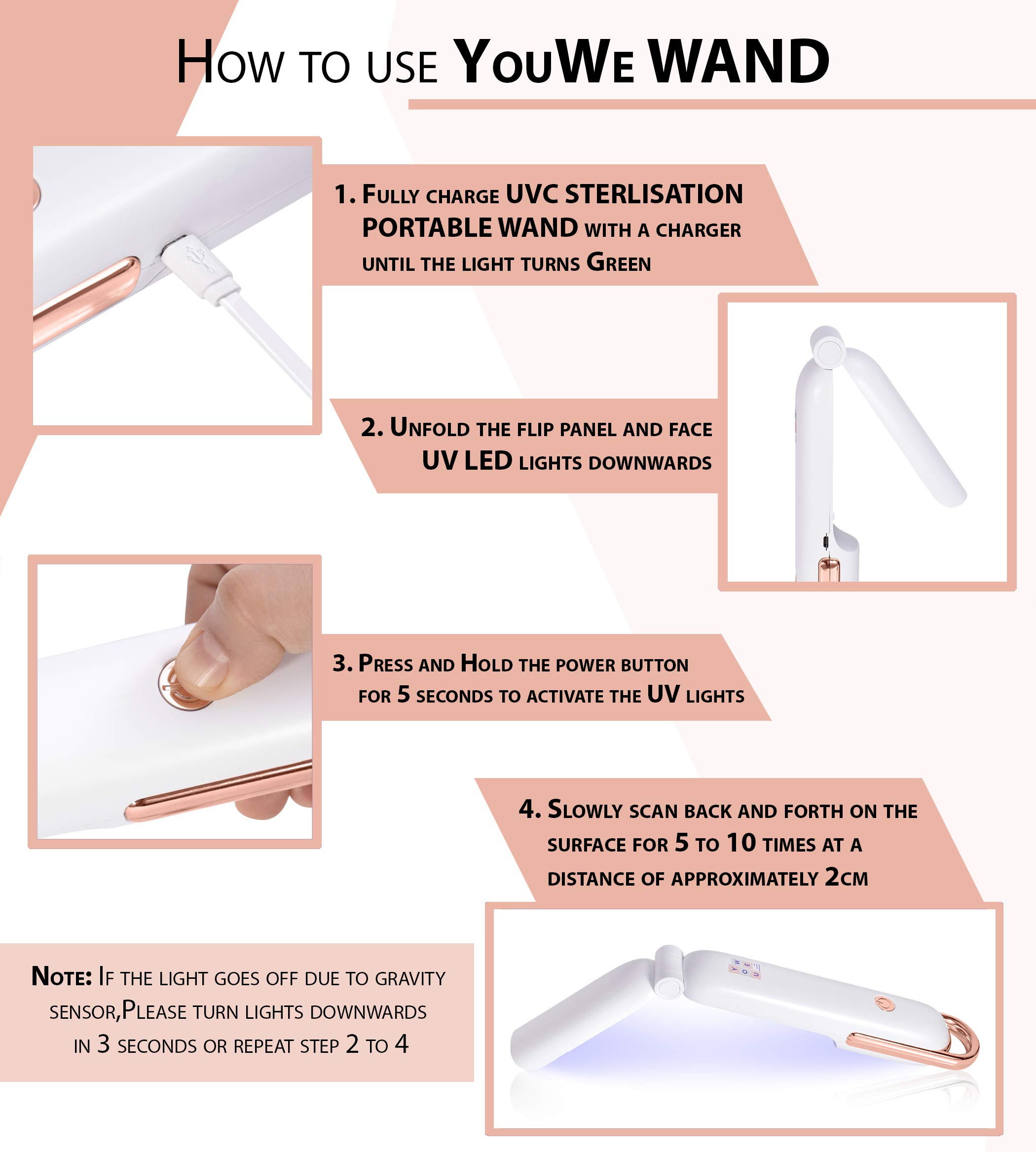 Baguette de stérilisation UVC portable, Puissant désinfectant UV YouWe à 16 LED, Style design élégant, Rechargeable, pliable, facile à transporter, avec mécanisme d'arrêt automatique uv sterilisateur.