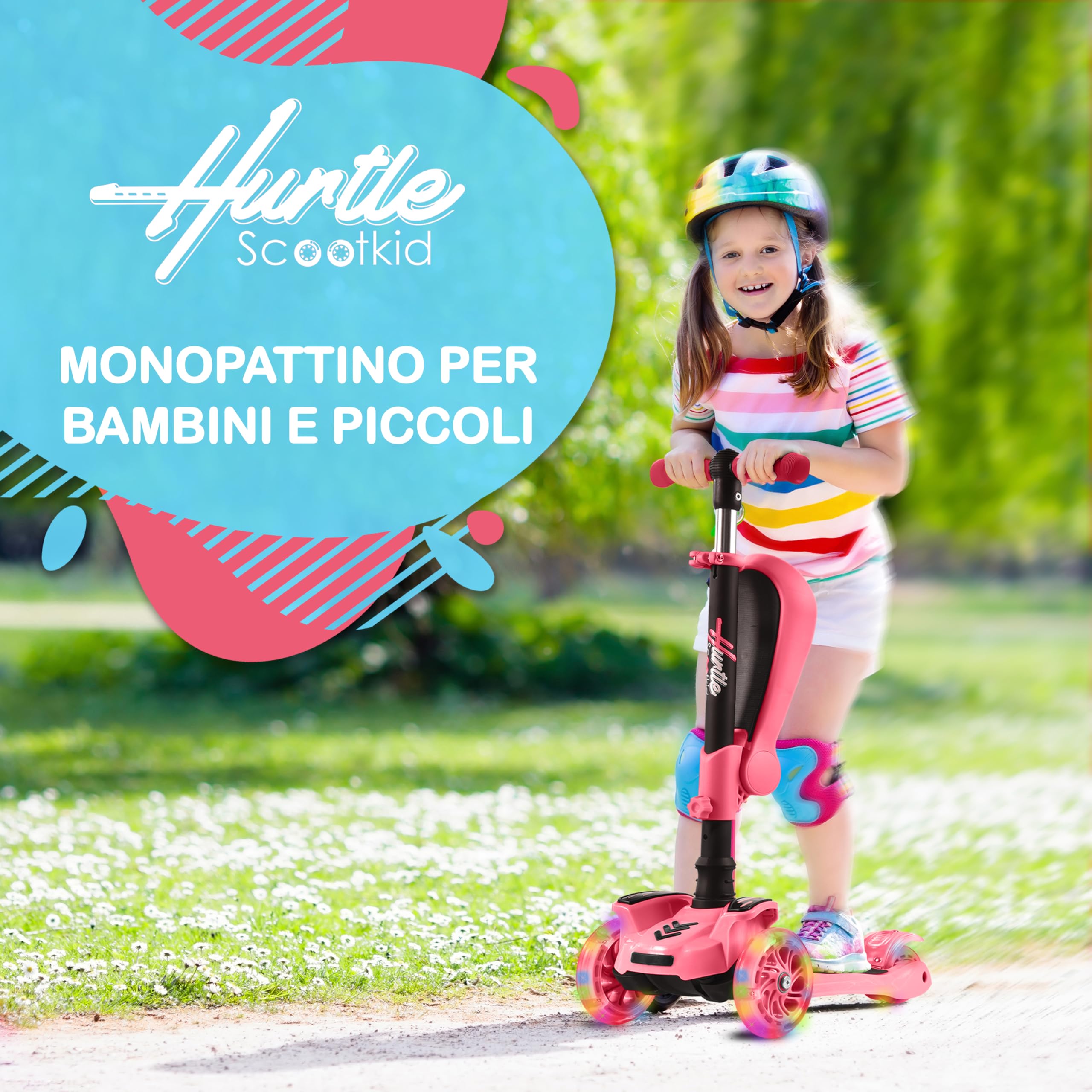 Hurtle Monopattino Bambino, Monopattino Bambina, Monopattino a 3 Ruote, Regolabile in Altezza con Sedile Pieghevole, Scooter per Bambini e Bambine con Ruote LED Multicolore, Dai 1 ai 14 Anni
