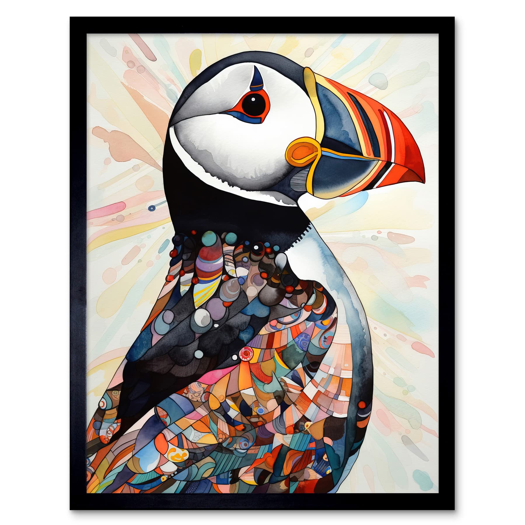 Artery8 Multicolour Pattern Feather Puffin Bird Folk Art Art Print Framed Poster Wall Decor 12x16 inch