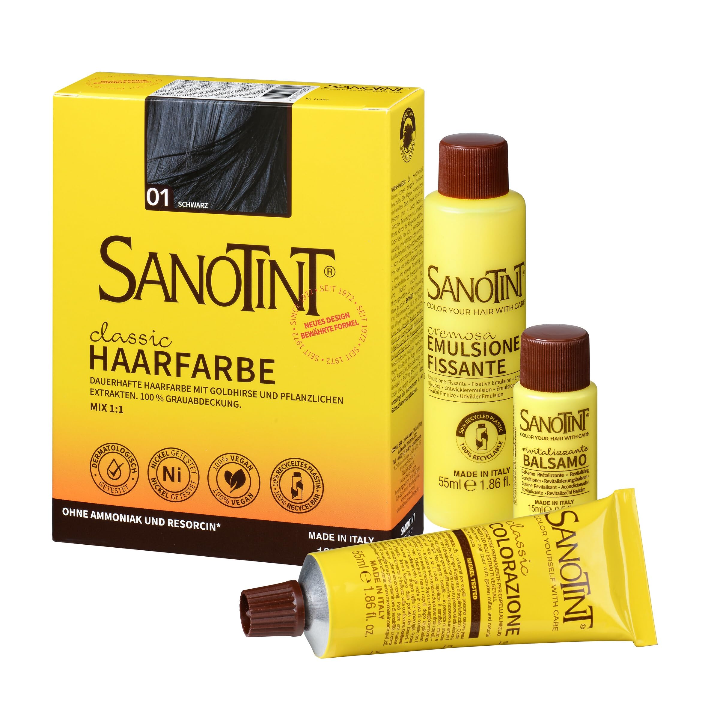 Sanotint - Haarfarbe Classic Nr. 01 "Schwarz" - Naturnahe dauerhafte Haarfarbe mit Goldhirse und wertvollen pflanzlichen Extrakten – 100% Grauabdeckung – vegan - 125 ml
