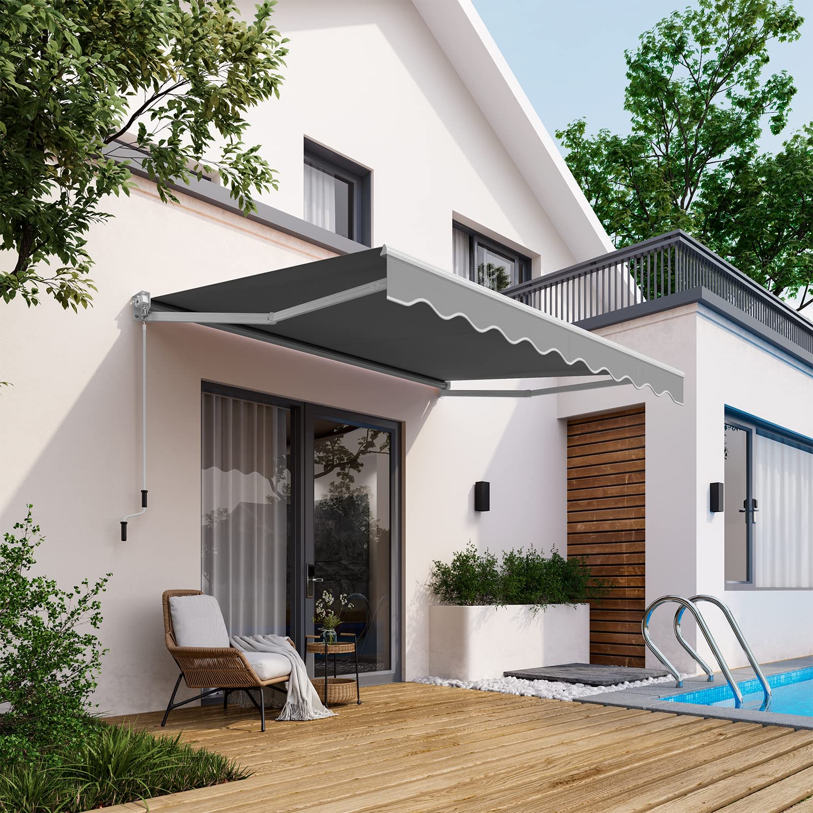 HOMASIS Einziehbare Markise 2,5 x 2/3 x 2,5 m, Gartenmarkise mit UV- & Wasserschutz, Balkonmarkise mit Handkurbel, Winkel einstellbar, Gelenkarmmarkise für Balkon & Terrasse (Grau 295 x 250 cm)