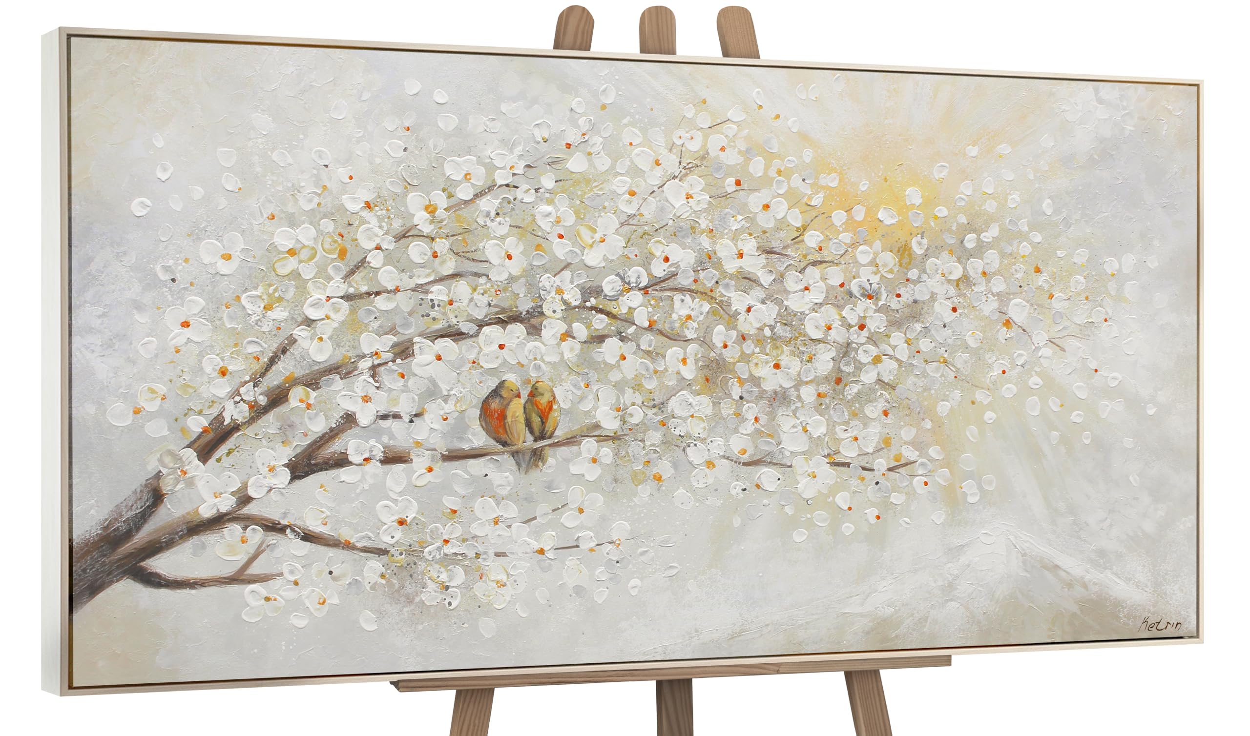 YS-Art Original Handmade Painting – Blossom Tree with Birds, Abstract Nature in White, Beige and Gold, Framed Wall Decor for Bedroom Living Room 40x20 inch