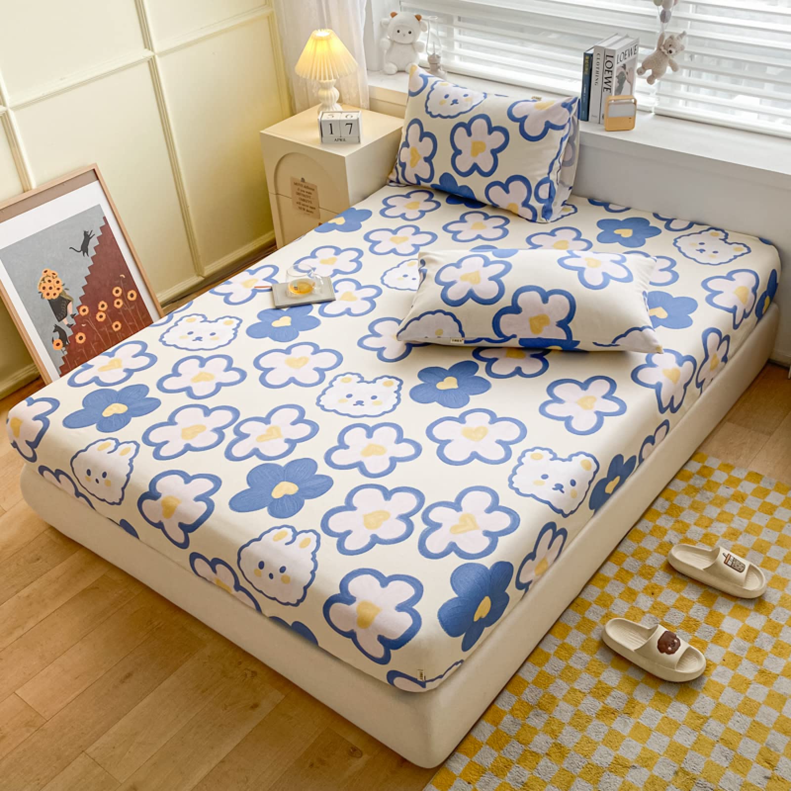 Spannbettlaken Elastisch Weich Und Bequem 120 * 200 cm 1 STÜCKE, Dicke Baumwolle Grobstoff Matratzenauflage, Bedruckte Spannbettlaken Für Männer Frauen Schlafzimmer gelb