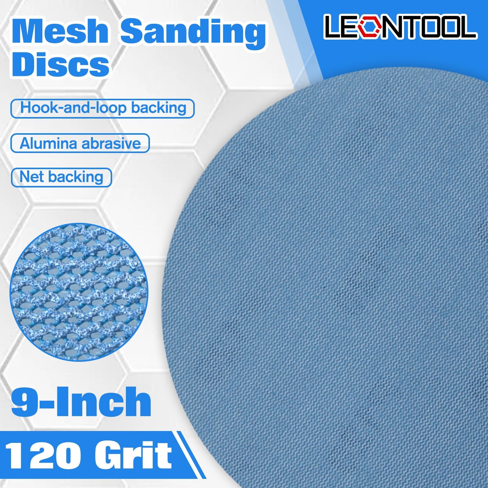 LEONTOOL 9 Inch Mesh Abrasive 120 Grit 5 Pack Hook & Loop Drywall Sanding Discs, Aluminium Oxide Nylon - Image 4