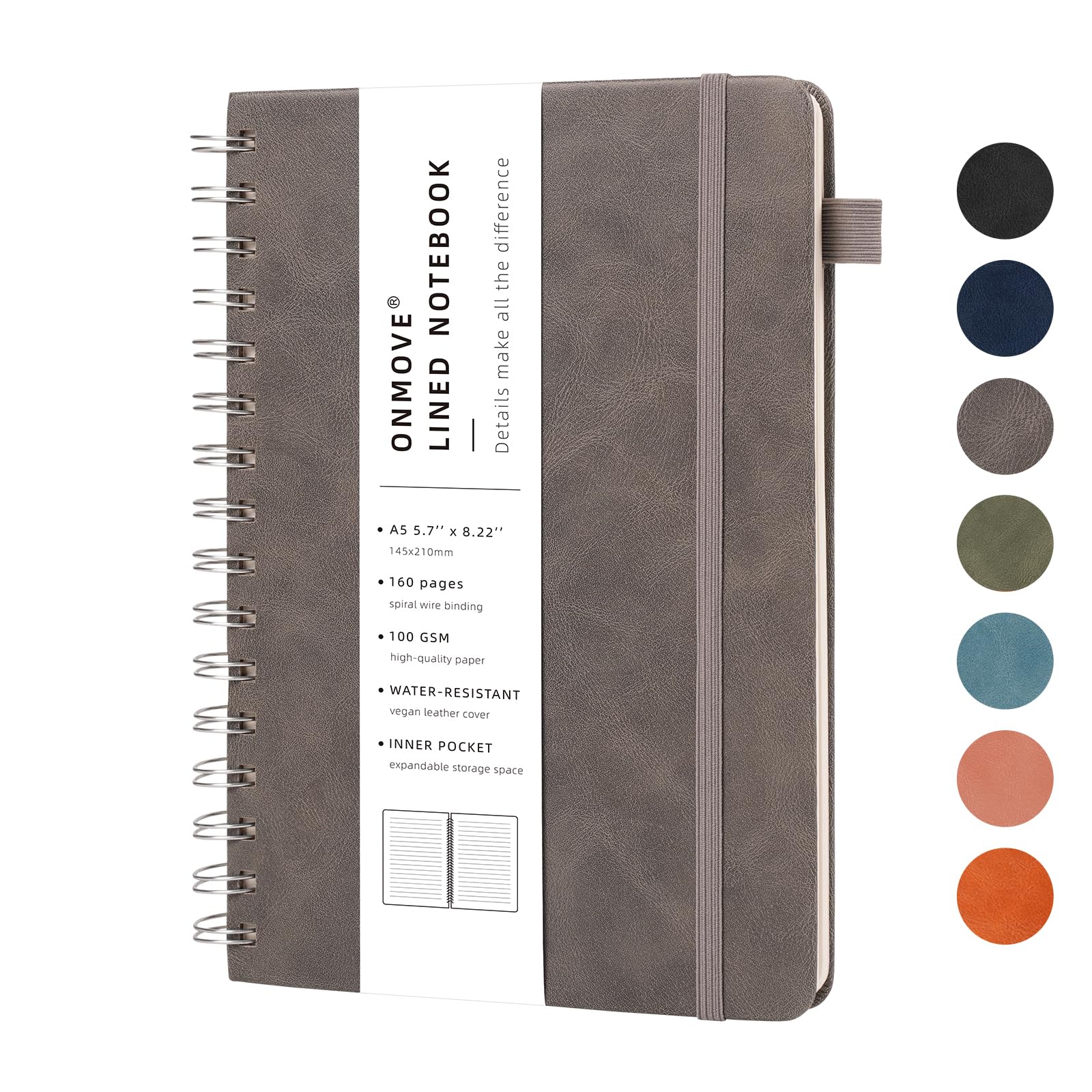 OnMove Spiralbuch, Tagebuch für Damen und Herren, 160 Seiten, A5, College, liniert, Leder, Notizbuch, Tagebücher für Notizen, Arbeit, liniert, Grau