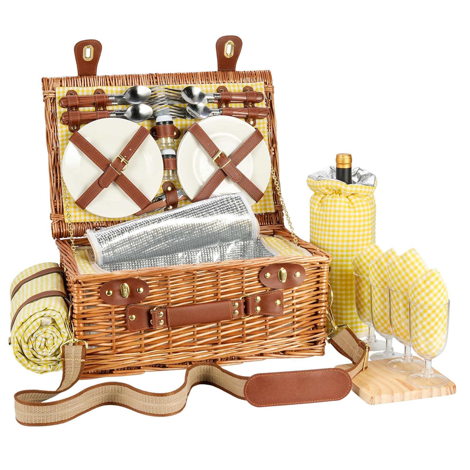 Panier de pique-nique en osier pour 4 personnes avec compartiment isotherme et couverture de pique-nique imperméable, sangle amovible, sac à vin, ensemble de couverts, pour camping, voyage