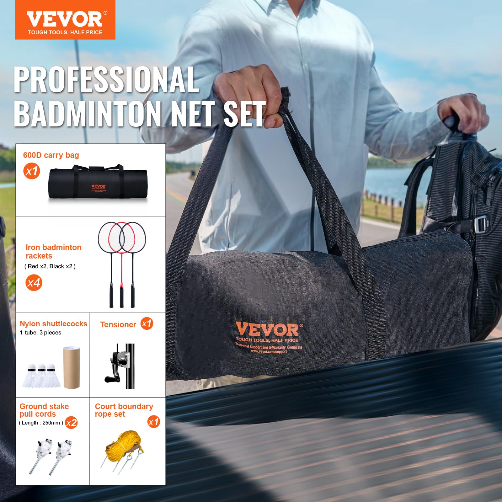 VEVOR Juego de Red de Bádminton Portátil con Postes, Bolsa, 4 Taquetas y 3 Volantes