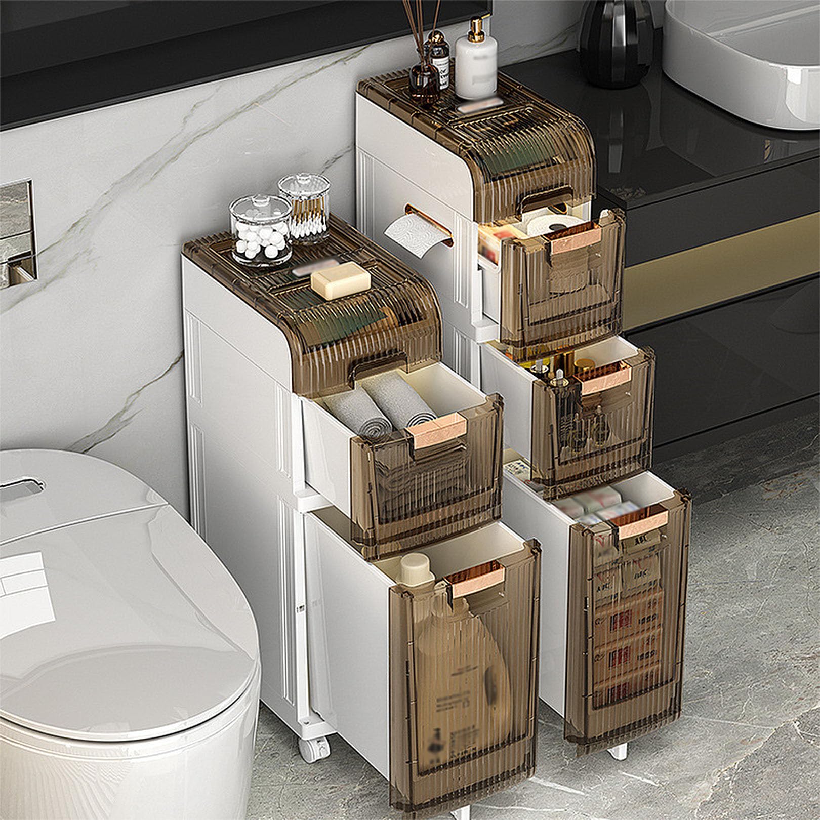 Gabinete de almacenamiento Estrecho para baño, gabinete de almacenamiento de piso con cajones multicapa y 4 ruedas universales, unidad de almacenamiento de baño Alta y d