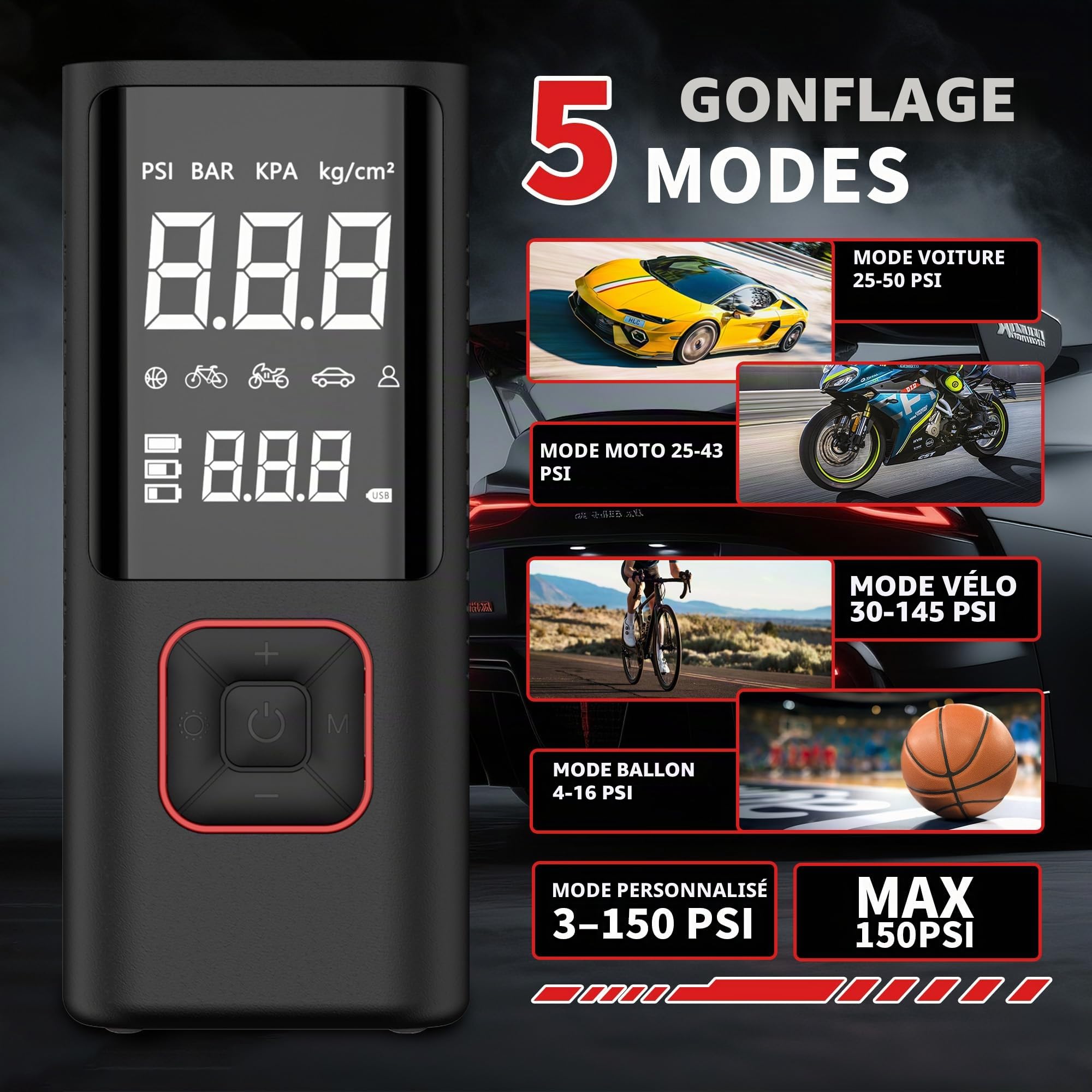 Gonfleur Pneus Voiture Sans Fil,COCCKO 6000mAh Compresseur à Air Portatif pour Pneus, 150PSI gonfleur velo electrique,LED et Arrêt Automatique, avec 3M Cigarette Lighter 12V et Storage Bag