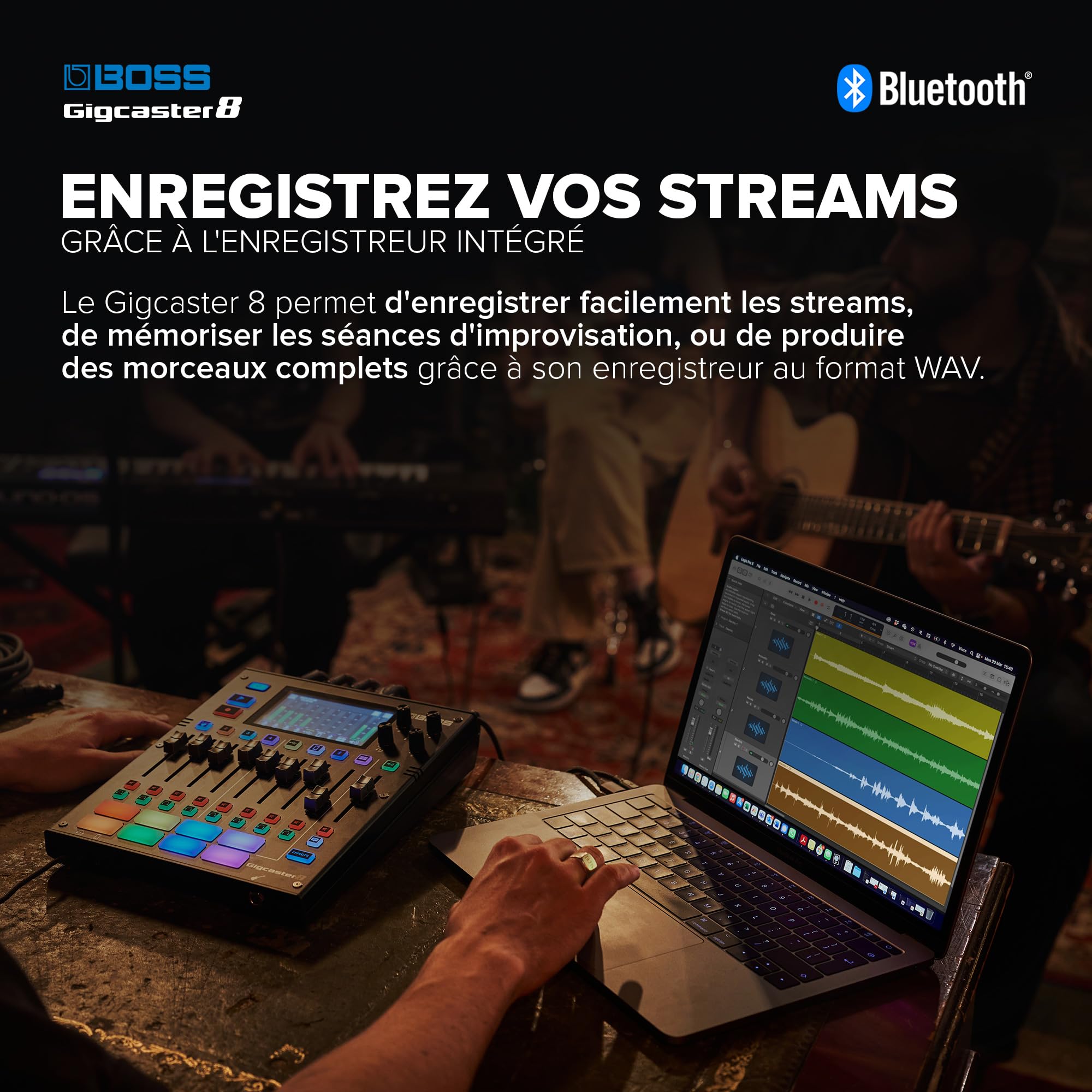 BOSS Gigcaster 8 | Table de mixage 8 pistes pour streaming avec entrée directe guitare/basse | 4 entrées combo XLR/jack | Micro stéréo intégré | 8 pads SFX | Interface audio USB 20x14