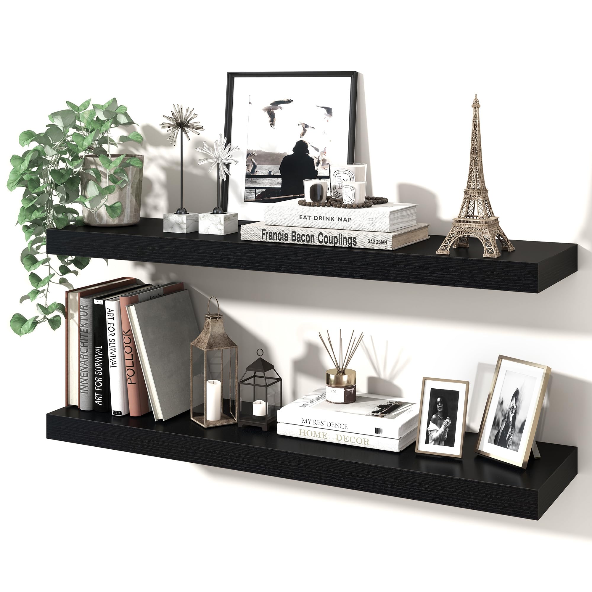 Axeman 80cm Floating Shelves for Wall 2 Pack Shelves for Bedroom|Kitchen|Bathroom Wall Mounted Rustic Wood Floating Shelf with Invisible Brackets for Books|Storage|Decor, Black, 20cm Deep