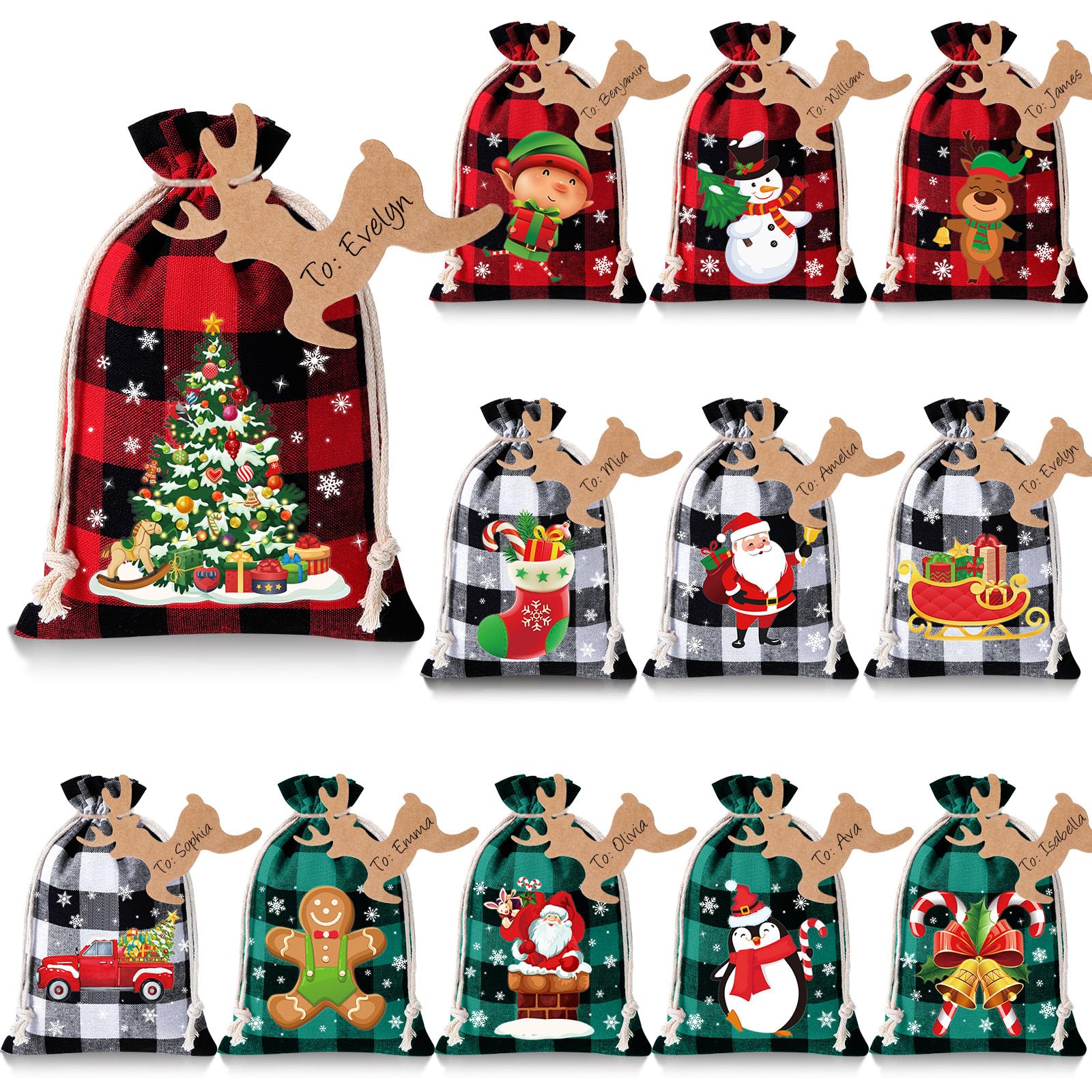 Shappy 48 Pcs Christmas Drawstring Bags Xmas Buffalo Plaid Burlap Candy Bags Linen Treat Sacks Holiday Party Favor Christmas Sack Sachet Bag with