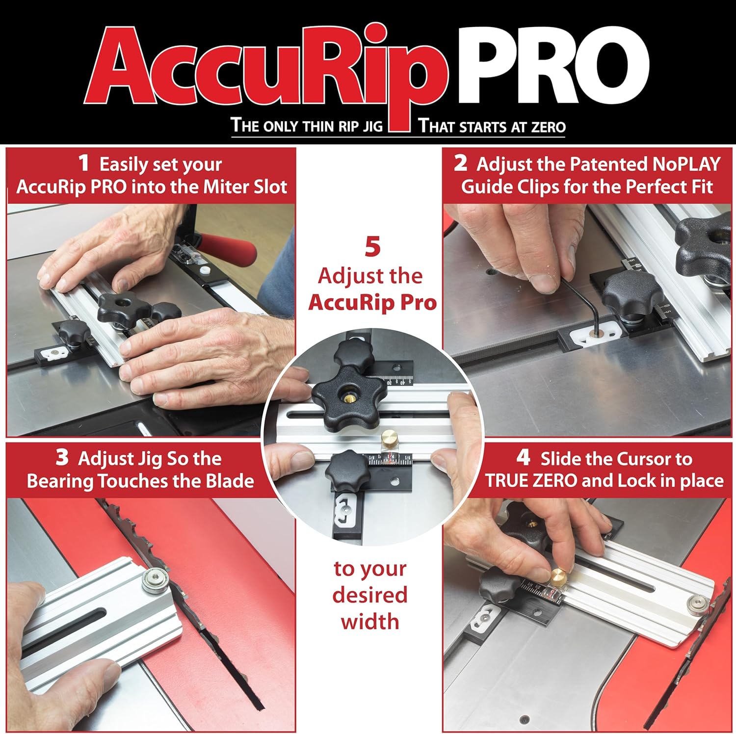 AccuRip Pro Thin Rip Jig – Table Saw Thin Strip Cutting Jig with NoPlay Expandable Miter Bar, Dual Lock Precision Adjustment, Reversible Metric and Imperial Index Plate