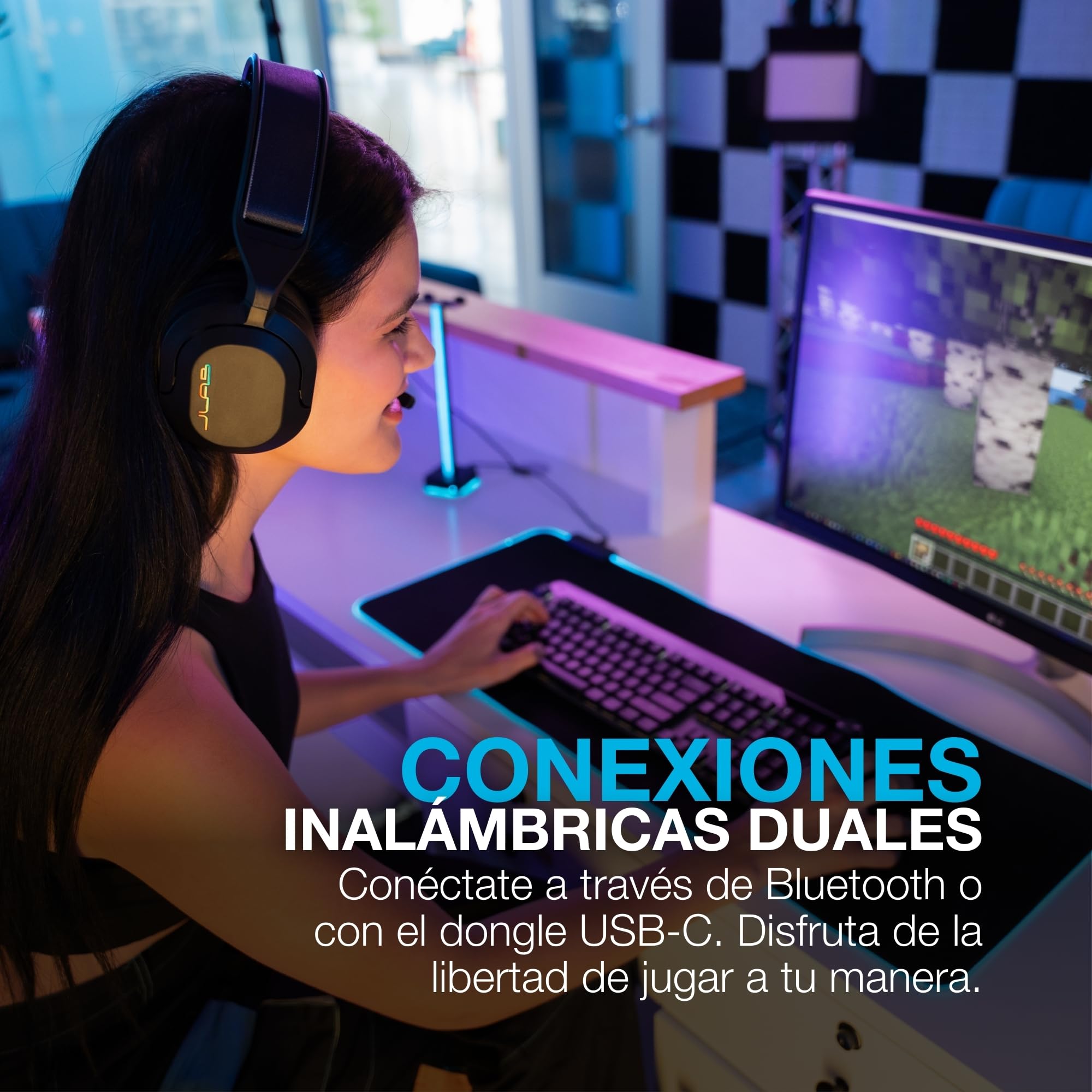 JLab Nightfall Auriculares Gaming Inalámbricos Over-Ear - Auriculares Gaming con Micrófono para PC/PlayStation/Nintendo Switch - Controlador de 50mm, Almohadillas de Espuma Cloud
