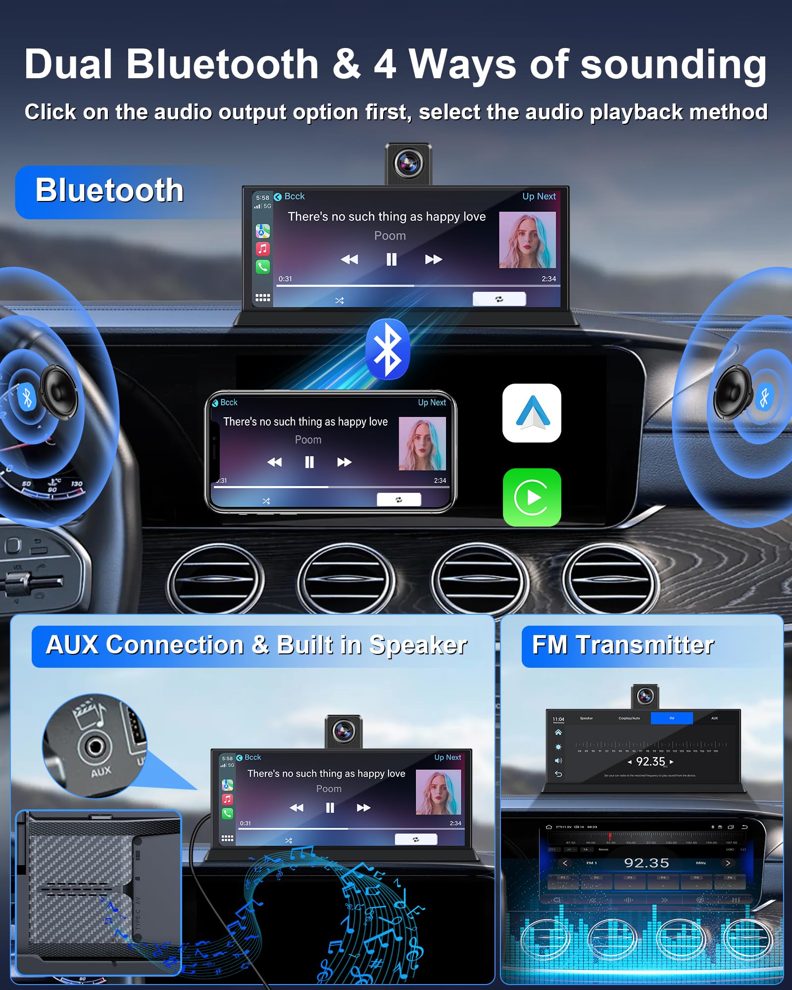 27,9 cm (11,26 inch) HD Touch Car Play Auto, 4K display, Carplay auto met 350° frontcamera, 64G SD-kaart, Carplay Android Auto Car Play Co.che voor GPS-navigatie, G-Senor Loop-opname