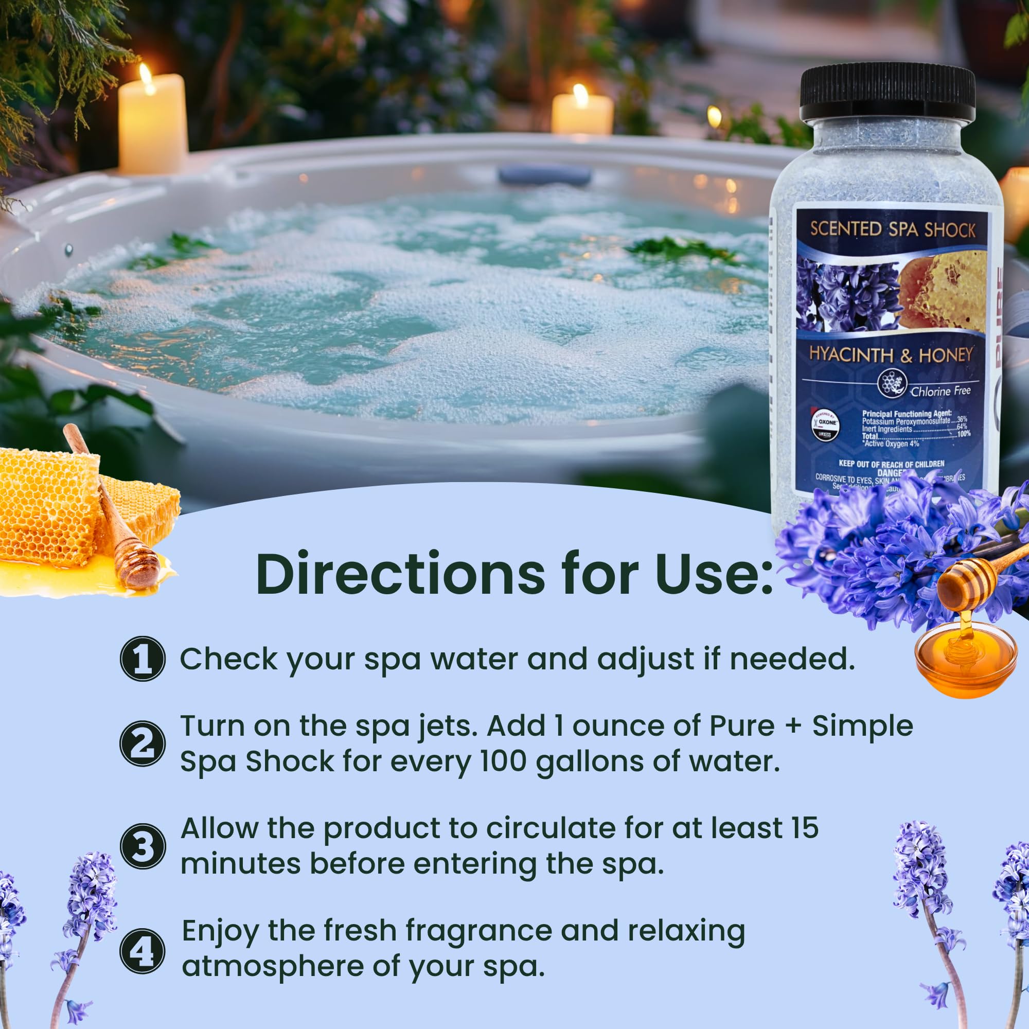 Shock de spa perfumado, choque sin cloro para cualquier spa o jacuzzi, uso con tabletas de bromo o cloro de spa. Cristales infundidos con fragancia de miel de jacinto tratan el agua y oxidan los