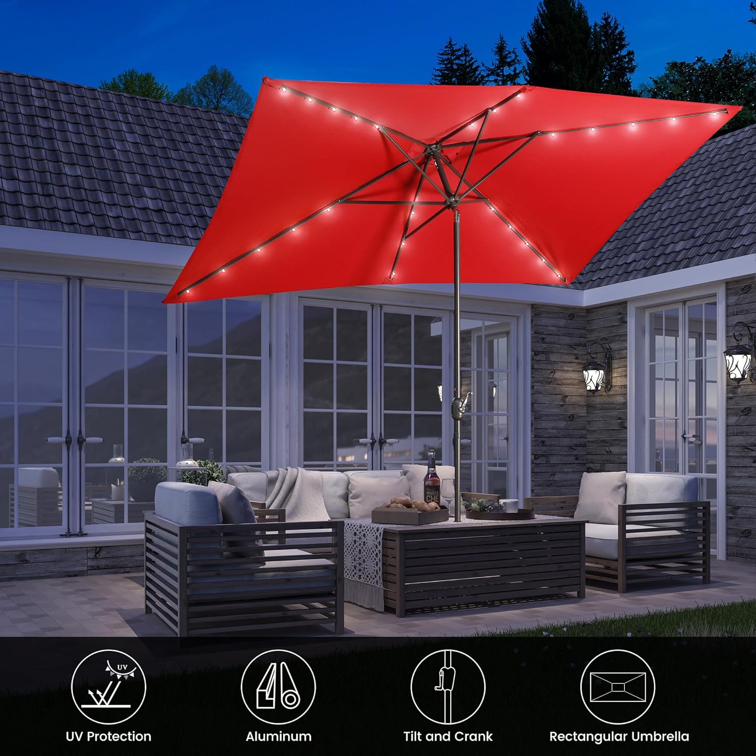 MONDAWE Rectangular Market Umbrella with Lights 10 x 6.5 FT Outdoor Solar LED Patio Umbrella Tilt and Crank Aluminum Commercial Table Umbrella for Pool Backyard Balcony